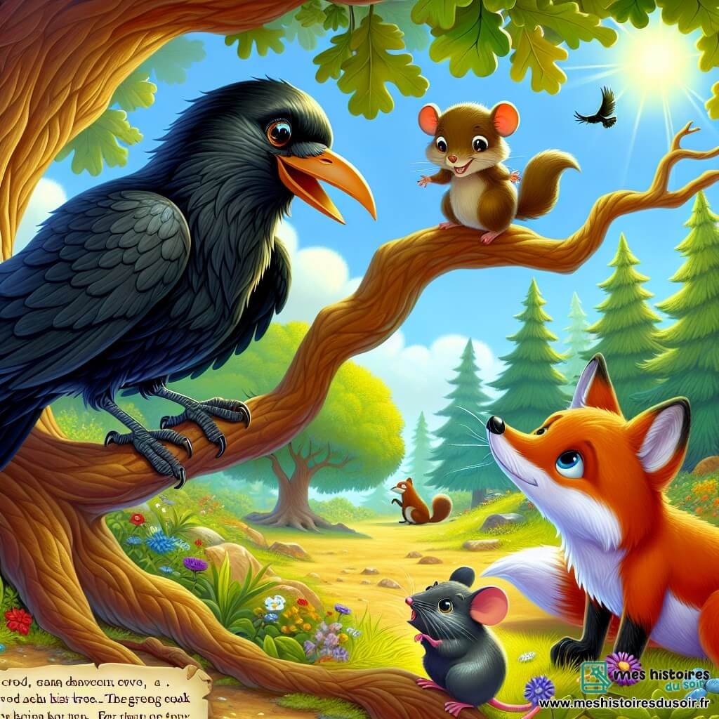 Un corbeau nommé Noiraud, avec un plumage noir et des yeux curieux, se tient sur une branche d'un grand chêne, affichant une expression déterminée. À ses côtés, une petite souris brune aux grands yeux ronds et un renard à la fourrure rousse, la queue frétillante, l'écoutent au sol. La scène se déroule dans une clairière ensoleillée, entourée d'arbres majestueux et de fleurs colorées. Noiraud explique à ses amis qu'ils doivent trouver l'Élixir de Vie pour sauver le grand chêne dont les feuilles jaunissent, créant une atmosphère magique et pleine d'espoir.