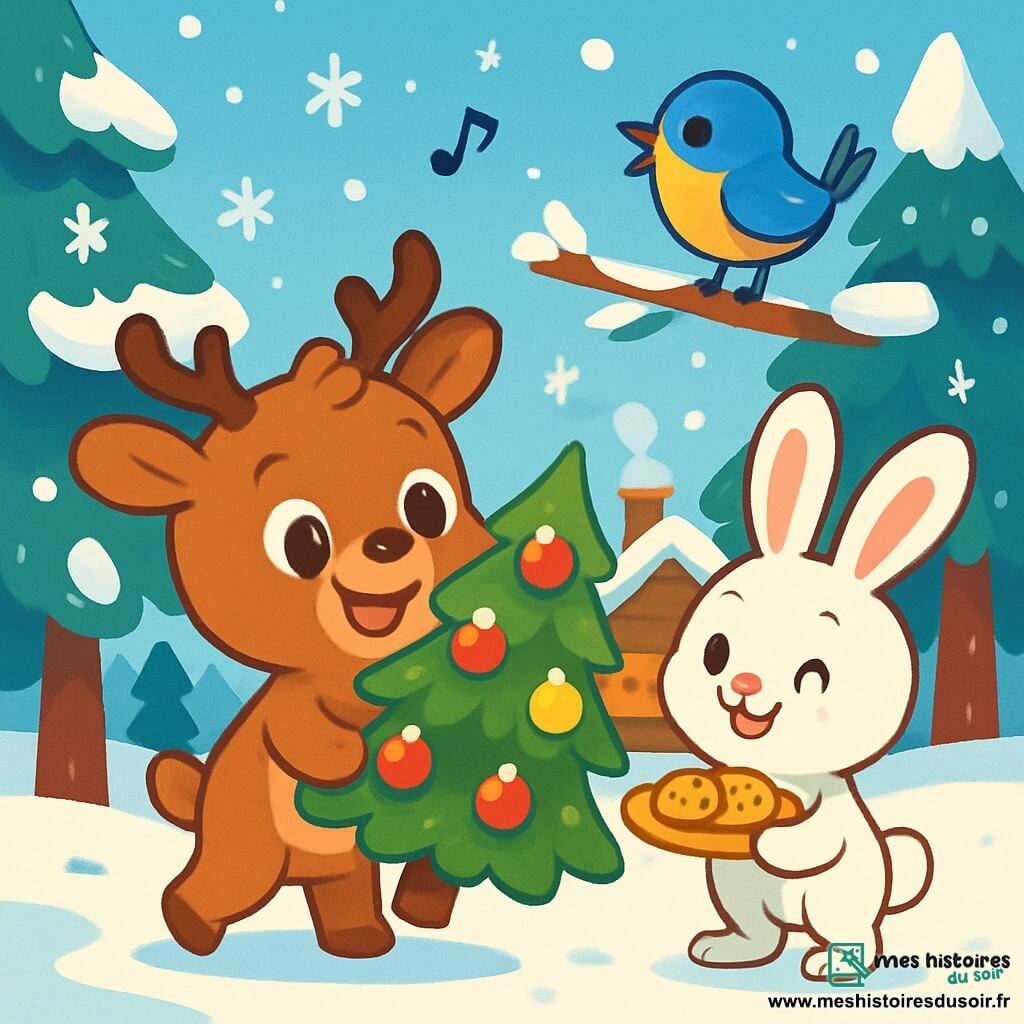 Un petit renne au pelage brun et aux grands yeux joyeux sourit en portant un sapin décoré de boules rouges et dorées. À côté, un lapin aux grandes oreilles blanches, joyeux, tient une assiette de biscuits chauds sur ses pattes arrière. Un oiseau coloré chante sur une branche, ses plumes bleu et jaune illuminant la scène. Dans une forêt enneigée, des flocons tombent doucement, entourant des arbres majestueux et une maison en bois éclairée. Le renne et ses amis décorent ensemble le sapin, créant une ambiance festive et chaleureuse, empreinte de la magie de Noël.