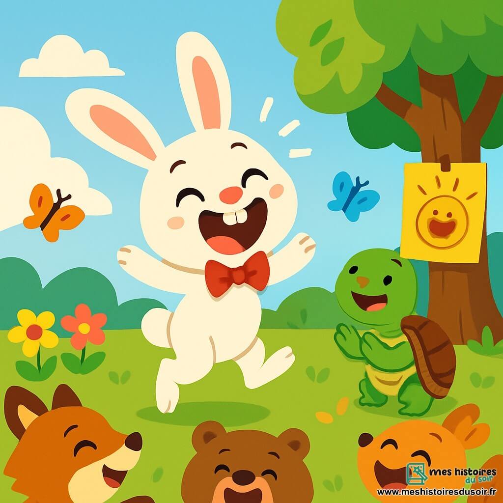 Léo, un petit lapin blanc aux grandes oreilles et aux yeux pétillants, est au centre de la scène, sautillant avec un grand sourire. Il porte un nœud papillon rouge. À ses côtés, Tina, une tortue verte à la carapace brillante, applaudit avec fierté. La scène se déroule dans une clairière ensoleillée, entourée de fleurs colorées et de papillons. Un grand arbre majestueux abrite une affiche annonçant le concours. Léo fait un spectacle comique, racontant des blagues et faisant des grimaces, tandis que les autres animaux de la forêt, rassemblés autour, rient, créant une ambiance joyeuse et festive.