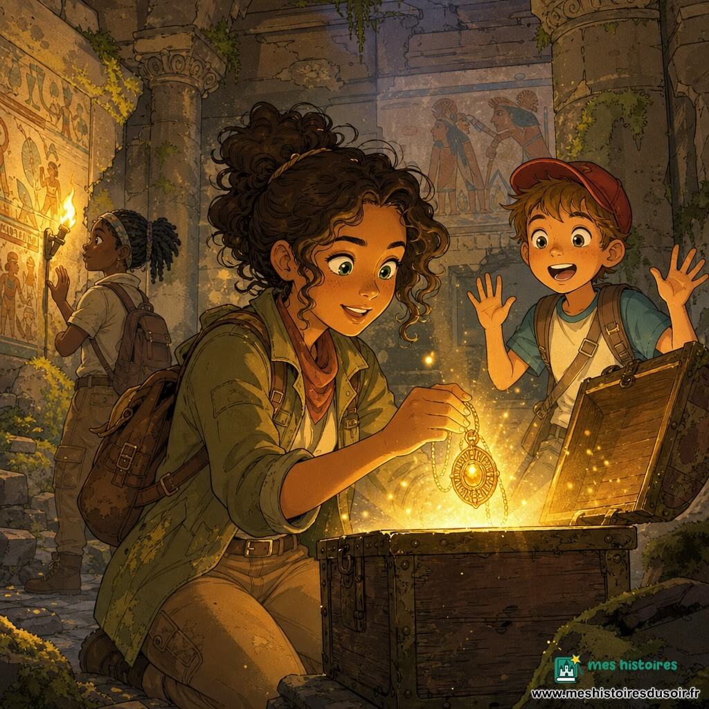 La personnage principale est une jeune archéologue souriante aux cheveux bruns bouclés et yeux verts, en veste kaki et sac à dos poussiéreux, agenouillée en train d'ouvrir un coffre en bois ancien et touchant une amulette dorée émettant une lumière chaude; un garçon de 8 ans, Lucas, aux cheveux châtain clair et casquette rouge, la regarde debout, les mains levées, étonné et joyeux; la scène se déroule dans une salle souterraine de ruines antiques aux pierres moussus, colonnes brisées et fresques pâlies, éclairée par des torches vacillantes, la lueur de l'amulette enveloppant les deux personnages et projetant des reflets chauds et des particules lumineuses.