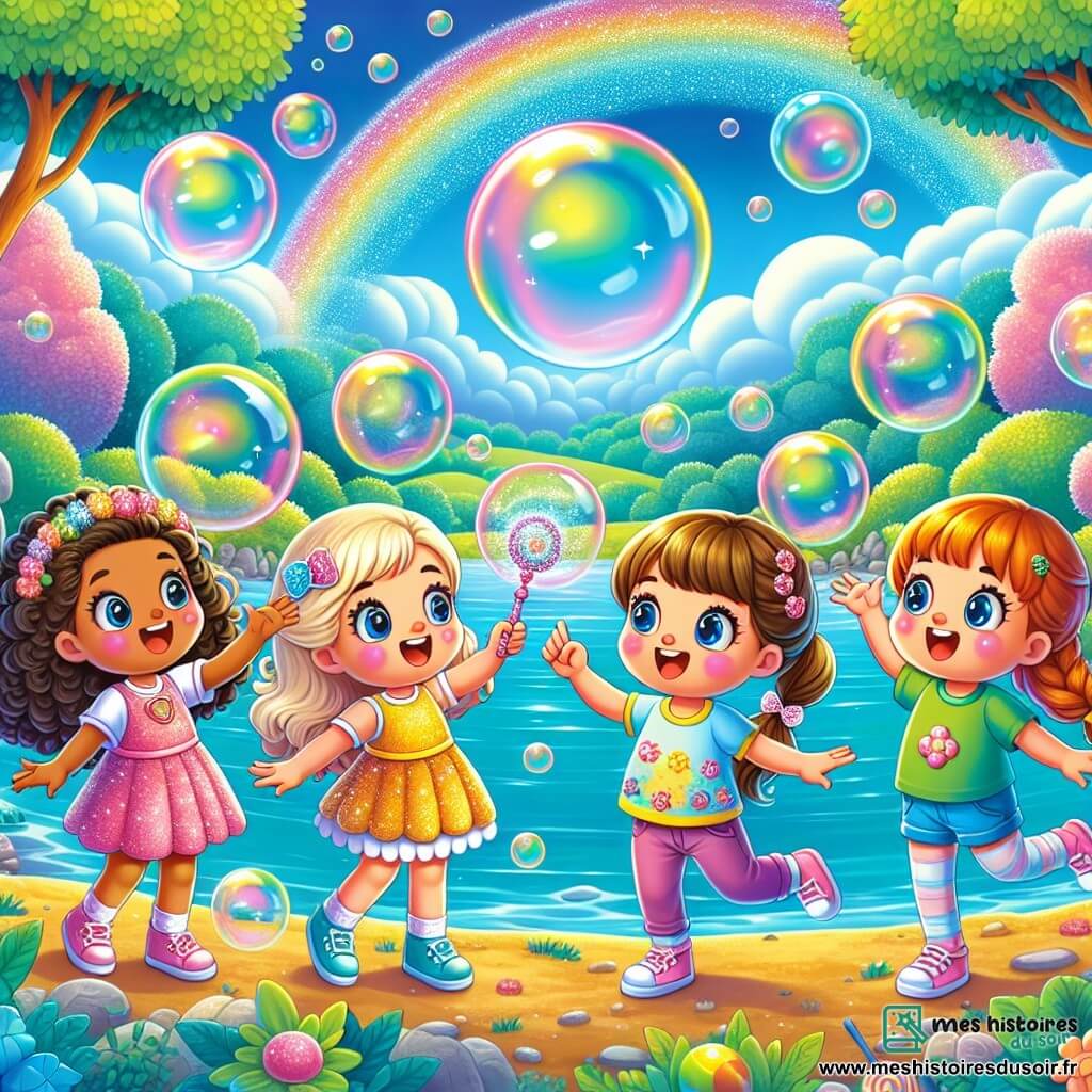 Quatre petites filles de cinq ans, Léa, Zoé, Mila et Chloé, se tiennent au bord d'un lac à bulles. Léa, avec des cheveux bouclés et une robe rose à paillettes, agite une baguette scintillante. Zoé, aux cheveux blonds tressés, porte une robe jaune à motifs floraux et pointe les bulles géantes. Mila, avec des cheveux bruns et une couronne de fleurs, touche une bulle, émerveillée. Chloé, aux cheveux roux et en t-shirt vert, saute de joie, les bras levés. Le lac est entouré d'une forêt magique avec des arbres colorés et des feuilles brillantes. Des bulles géantes flottent, créant des reflets arc-en-ciel sur l'eau, sous un ciel bleu parsemé de nuages en forme de bonbons. Les quatre amies s'apprêtent à sauter dans le lac, prêtes pour une aventure fantastique.