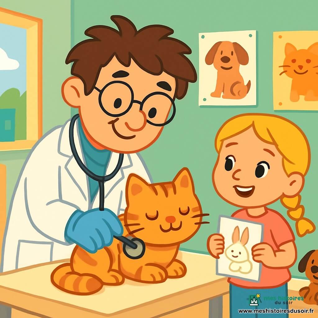 Un vétérinaire, Monsieur Hugo, souriant et bienveillant, avec des cheveux bruns en désordre et des lunettes rondes, se penche sur un petit chat rayé qui ronronne sur la table d'examen. Il porte une blouse blanche, des gants en latex et un stéthoscope, affichant une expression de concentration et de tendresse. À côté de lui, une petite fille de 7 ans, aux cheveux blonds tressés, observe avec émerveillement, tenant une image d'un lapin. Elle est vêtue d'un t-shirt rose et d'un pantalon en jean, souriante. La clinique vétérinaire est lumineuse, avec des murs verts pastel et des étagères de livres sur les animaux. Monsieur Hugo écoute le cœur du chat tandis que la petite fille apprend à prendre soin des animaux, entourée de jouets en peluche. L'ambiance est douce et joyeuse, pleine de chaleur et d'amour pour les animaux.