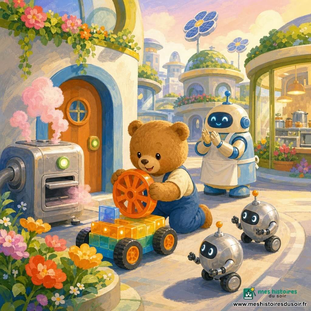 Petit Ours, petit ours en peluche rond et brun clair au sourire joyeux, tient une grande roue orange qu’il installe sur une voiture en blocs lumineux devant une porte; une imprimante à pièces métallique aux bords arrondis souffle de la vapeur rose près du jardin, un robot cuisinier crème et bleu applaudit près de la cuisine vitrée, et deux petits robots jouets argentés roulent en cercle à droite. Lieu : rue large et douce d’une ville futuriste aux maisons rondes avec toits-jardins et panneaux solaires en forme de fleurs, balcons fleuris, ciel pastel et lumière douce. Ambiance chaleureuse et optimiste, texture gouache visible (coups de pinceau, couleurs opaques, bords légèrement flous, papier apparent).