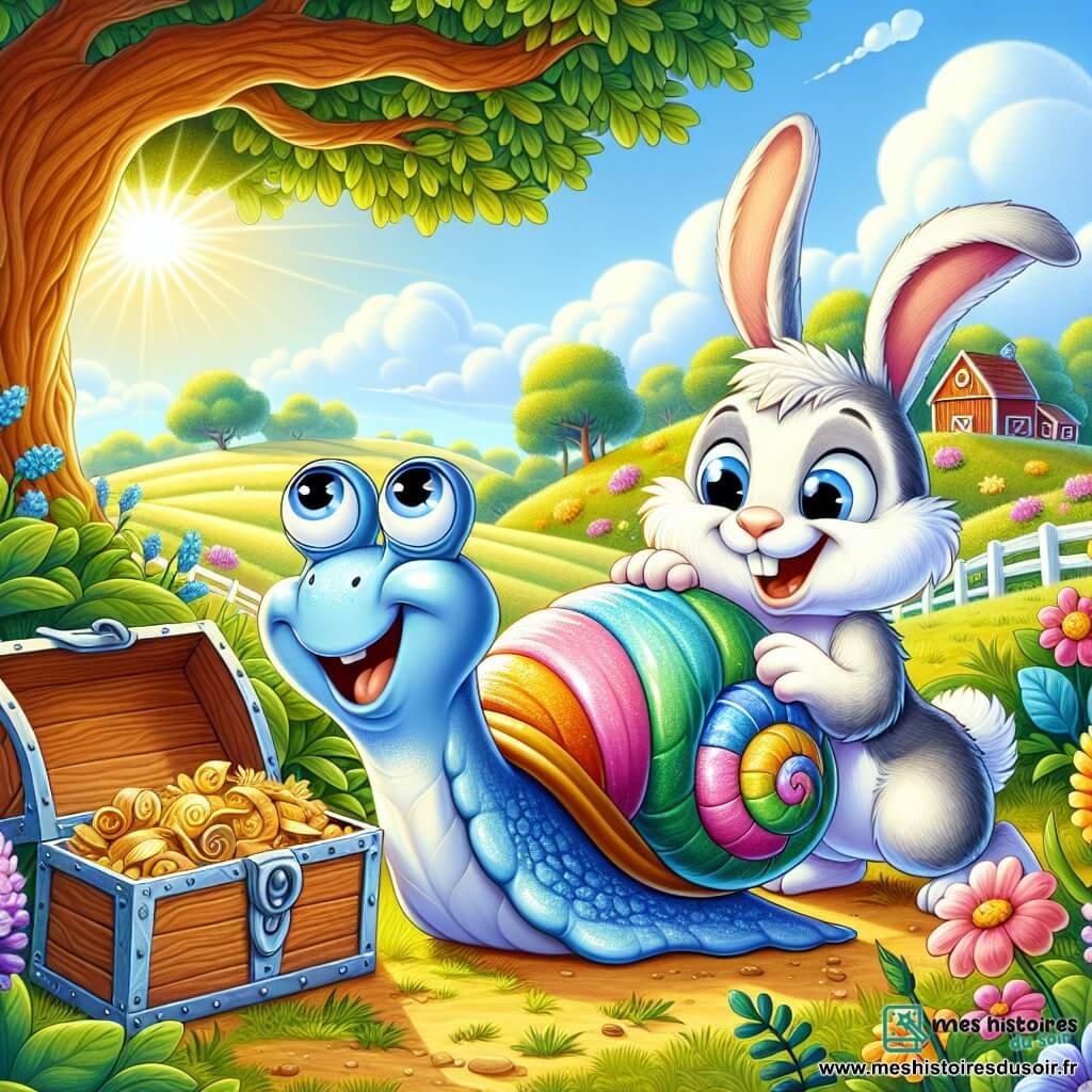 Un escargot coloré nommé Gloubi, avec une coquille brillante aux teintes de bleu, vert, rose et jaune, se tient au centre de l'image, émerveillé et souriant, découvrant un vieux coffre en bois sous un buisson. À côté de lui, un lapin joyeux nommé Benjamin, aux grandes oreilles et à la fourrure blanche, saute de joie, les yeux pétillants d'excitation, en pointant le coffre. En arrière-plan, une ferme ensoleillée se dessine avec des champs verdoyants, des fleurs colorées et un grand chêne majestueux, créant une atmosphère chaleureuse. La scène capture le moment de la découverte du trésor, entourée de rires et d'aventures, avec une ambiance joyeuse.