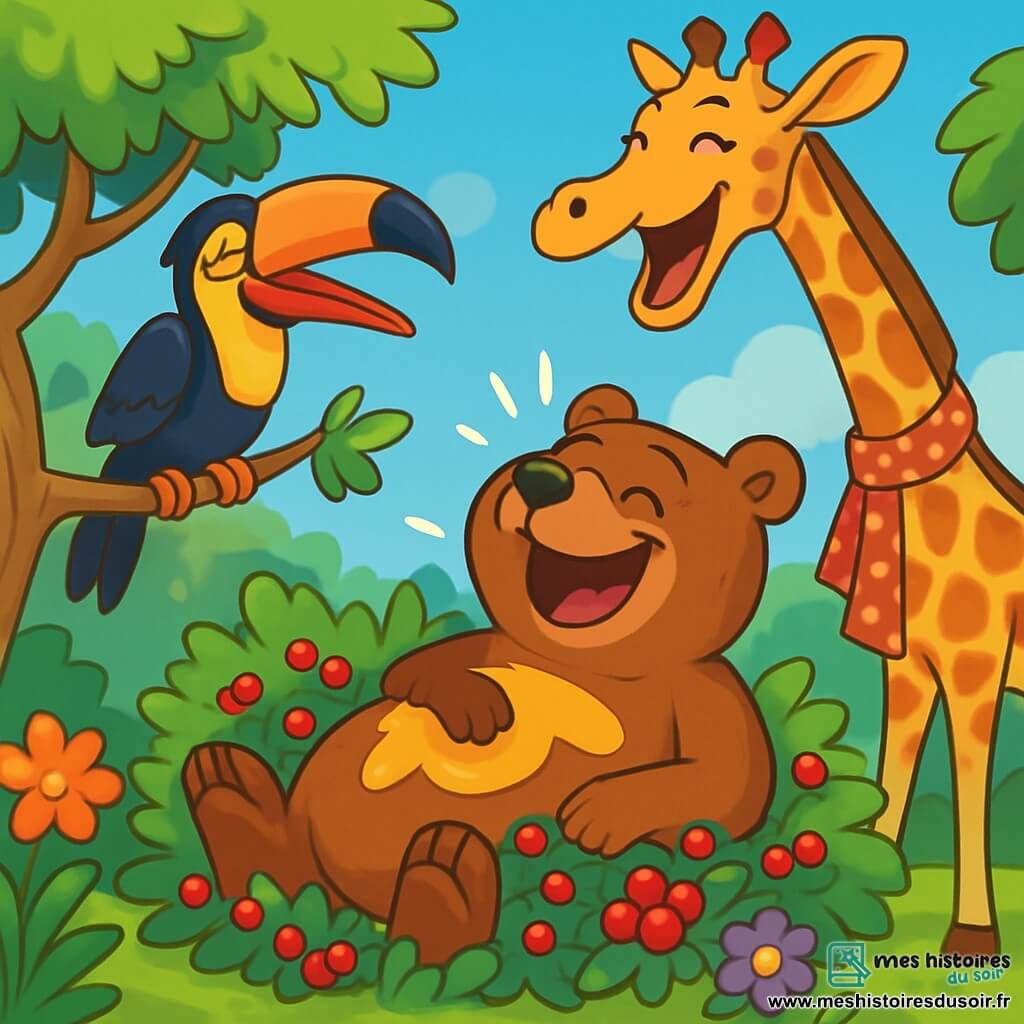 Barthélemy, un ours brun joyeux, est allongé sur le dos dans un buisson de baies rouges, le ventre plein de miel, riant aux éclats. À ses côtés, Gaston le toucan, avec son plumage coloré, s'accroche à une branche en riant. Ginette la girafe, élégante avec son écharpe à pois, se penche en riant, son long cou se détachant contre le ciel bleu. La scène se déroule dans une clairière ensoleillée de la jungle, entourée d'arbres feuillus et de fleurs colorées. Barthélemy, après avoir tenté de grimper à une liane, est tombé dans le buisson de baies, provoquant un fou rire général.