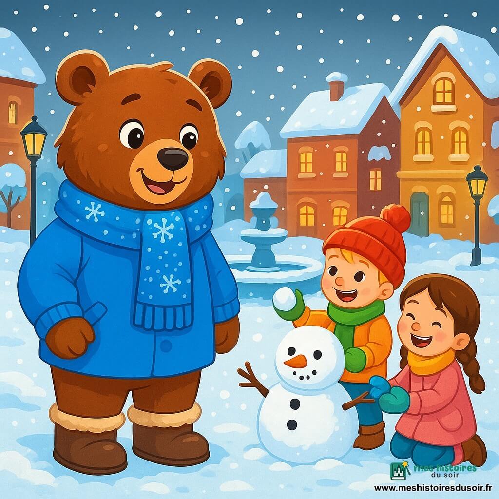 Un jeune ours brun, doux et curieux, se tient sur la place du village, vêtu d'un manteau bleu vif et d'une écharpe tricotée. À ses côtés, deux enfants construisent un bonhomme de neige, riant et lançant des boules de neige. Le garçon porte un bonnet rouge et une écharpe verte, tandis que la fille est en manteau rose et gants colorés. La place est couverte de neige scintillante, entourée de maisons aux toits enneigés et de lampadaires diffusant une lumière chaleureuse. Des flocons tombent doucement, créant une ambiance paisible. L'ours observe les enfants, prêt à les rejoindre, tandis qu'une fontaine gelée ajoute une touche hivernale à la scène.