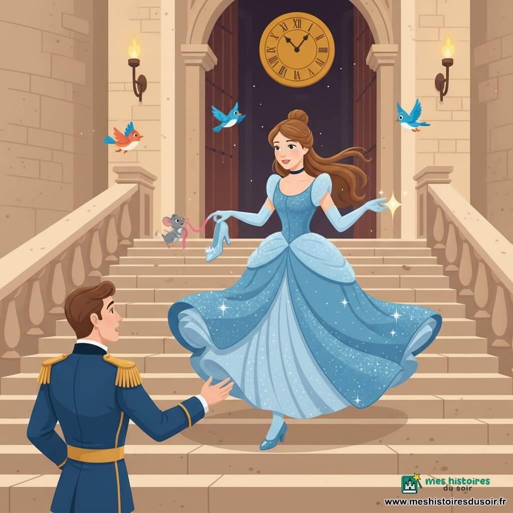 Cendrillon, au visage doux et timide, cheveux châtains attachés en queue basse, descend en courant un large escalier de pierre d'un vieux château en tenant une pantoufle de verre scintillante ; en bas, le prince d'une vingtaine d'années en costume bleu marine à galons dorés, surpris, tend la main vers elle ; une petite souris grise avec un ruban rose l'observe depuis une marche, deux oiseaux colorés volètent autour, et en arrière-plan une grande horloge dorée indique minuit tandis que des torches murales diffusent une lumière chaude.