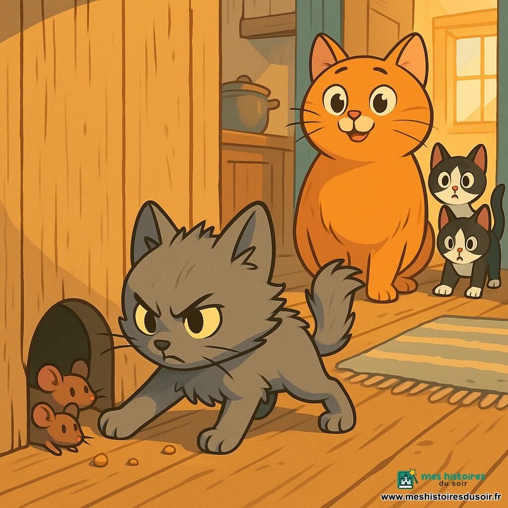 Un petit chaton gris au pelage doux et légèrement ébouriffé, à un œil vif et une patte tordue, paraît déterminé et courageux : accroupi, la tête penchée, il se faufile dans un trou rond à la base d’un mur, moustaches frémissantes et queue en panache, bloquant la sortie où de petites souris brunes tentent de s’échapper; la mère rousse et ronde, près d’une porte entrouverte, le regarde, soulagée et fière, tandis que deux chatons noirs et blancs restent derrière, figés et prêts à bondir, le tout dans une cuisine rustique en bois avec vieux plancher, miettes, petit tapis rayé froissé et une tache de lumière chaude, créant une scène tendue mais pleine d’espoir et d’action.