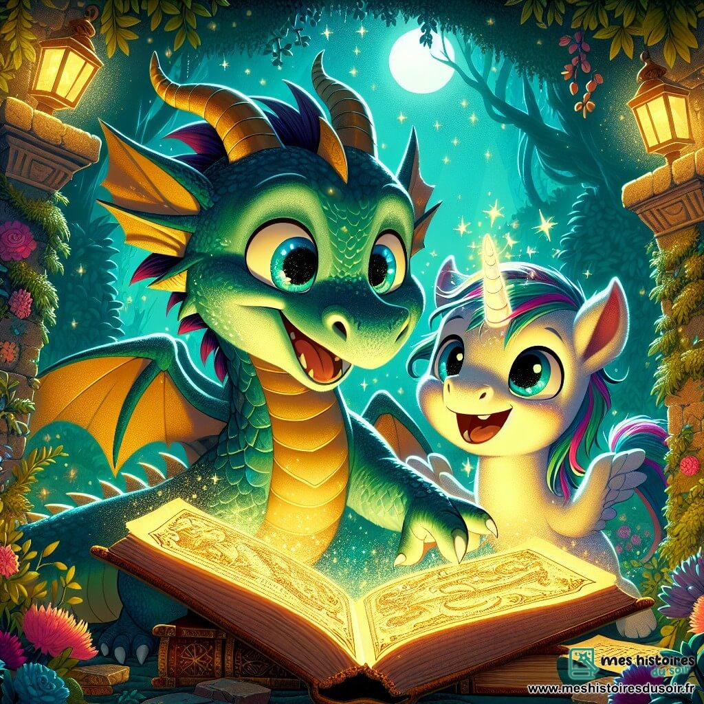Léonard, un jeune dragon aux écailles scintillantes, exprime excitation et curiosité en tenant un livre ancien aux pages jaunies, illuminé d'une lueur dorée. À ses côtés, Zoé, une licorne espiègle à la crinière arc-en-ciel, sourit en pointant une carte mystérieuse qu'ils ont trouvée. En arrière-plan, le jardin des rêves enfouis est enchanteur, avec des haies verdoyantes, des fleurs colorées et des statues anciennes. La lumière de la lune crée une atmosphère magique. Léonard et Zoé déchiffrent l'énigme du livre, entourés de trésors oubliés et de secrets cachés, prêts à résoudre le mystère.