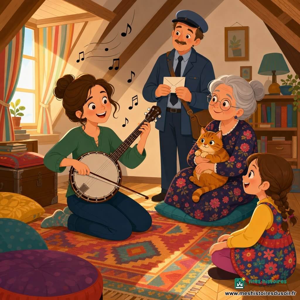 Lina, femme adulte au chignon, joue joyeusement d’un banjo à l’archet sur ses genoux tandis que les voisins forment un demi-cercle bienveillant dans un petit salon mansardé lumineux : Madame Papillon, âgée, tient le chat Biscotte et sourit, Monsieur Zéphyr, facteur à la moustache, tient une lettre et hoche la tête, et Jade, fillette aux tresses, est assise par terre, les yeux écarquillés, des notes musicales flottant dans l’air.