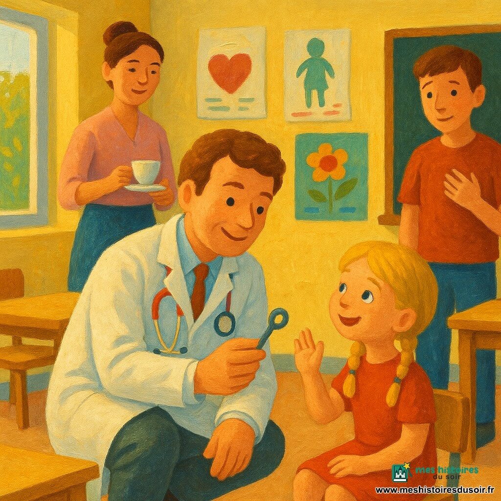 Le docteur Nicolas, souriant et bienveillant, visage rond et cheveux châtain clair, en blouse blanche et stéthoscope coloré, s'accroupit pour tendre un petit stéthoscope en plastique à des enfants attentifs ; Sophie, la secrétaire trentenaire aux cheveux bruns en chignon, tient une tasse près de la porte, Tom, adolescent d'environ 15 ans, la main sur la poitrine, écoute timidement, et une fillette de 7 ans aux nattes blondes lève la main, le tout dans une salle de classe lumineuse aux murs jaune doux, posters de santé, grande fenêtre, tables basses en bois et tableau noir décoré de fleurs, moment chaleureux de prévention, ambiance joyeuse, couleurs vives et traits de pinceau visibles.