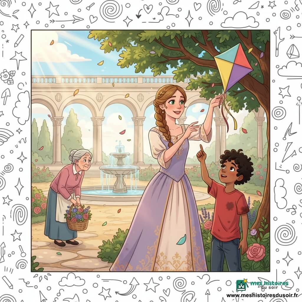 Princesse souriante au visage expressif et yeux verts, cheveux châtain clair en natte, robe pastel brodée d’or, tend la main pour décrocher un cerf‑volant coincé dans les branches d’un grand chêne ; garçon d’environ 8 ans, ému et reconnaissant, cheveux bouclés noirs, t‑shirt rouge, lui indique le cerf‑volant depuis le tronc ; vieille femme d’environ 70 ans, courbée mais sereine, cheveux gris en chignon, panier de fleurs à ses pieds, sourit en observant depuis une allée pavée ; jardin du palais avec arcades en pierre claire, fontaine en marbre, massifs de roses et de lavande, allées pavées, rayons de soleil filtrant entre les feuilles et pétales dans l’air ; scène chaleureuse et paisible aux gestes doux, couleurs pastel vives et détails textiles visibles.