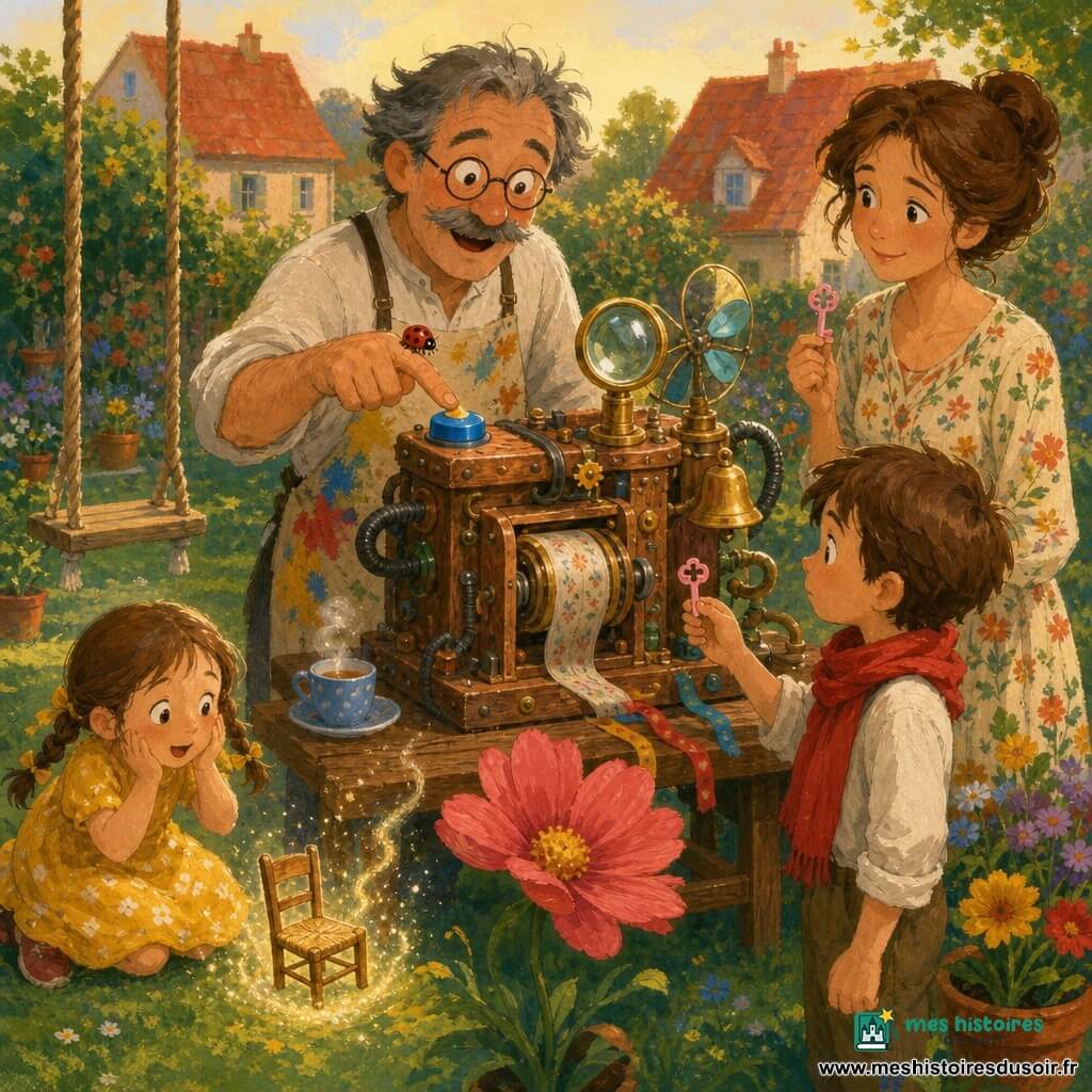 Monsieur Marcel, ~55 ans, moustache grise, lunettes rondes et tablier taché, souriant, appuie sur un gros bouton bleu d'une machine artisanale en cuivre et bois posée sur une table ; Mireille, ~40 ans, cheveux châtains relevés, robe à motifs floraux, tient une petite clé rose à sa droite et regarde les enfants ; un garçon d'environ 8 ans, cheveux en bataille et écharpe rouge, tient la clé avec sérieux près d’une balançoire miniature, et une fillette de ~6 ans en robe jaune à tresses admire une chaise qui rapetisse sur la pelouse ; une coccinelle rouge à pois noirs est posée sur le doigt de Marcel. Le jardin est coloré (table en bois, tasse bleue de thé fumant, pots de fleurs multicolores, herbe verte, maisons aux toits rouges) ; la machine, faite de chiffon roulé à rubans, loupe en laiton, petit ventilateur, tuyaux en caoutchouc et sonnette dorée, est en action : objets changent de taille (chaise minuscule, fleur agrandie), atmosphère douce et sûre, lumière chaude de fin d'après-midi, traits gouache visibles, couleurs saturées et contours légèrement flous.