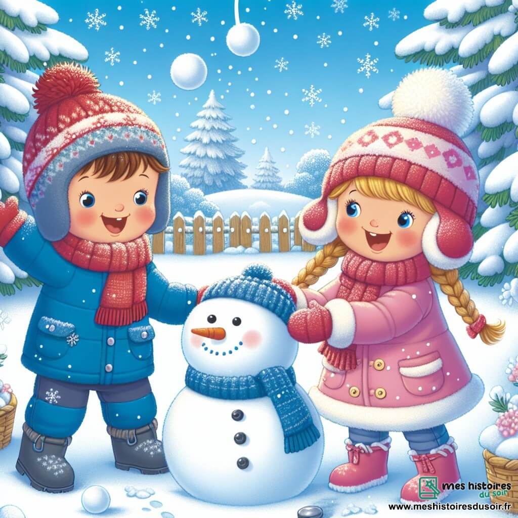 Un petit garçon de 4 ans, Lucas, avec des cheveux châtains en désordre et des joues rouges de froid, porte une combinaison de neige bleue et un bonnet rouge. Il rit aux éclats, les bras levés, lançant une boule de neige vers sa copine Clara, une fille de 5 ans avec de longs cheveux blonds tressés, vêtue d'une combinaison rose et d'un bonnet à pompon. La scène se déroule dans un jardin enneigé, où la neige fraîche recouvre le sol et les arbres, tandis que des flocons tombent doucement. Lucas et Clara s'amusent à jouer dans la neige, entourés de leur bonhomme de neige récemment construit.