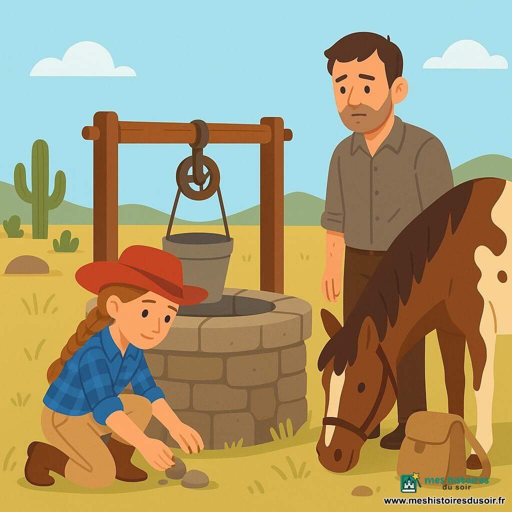 Jeune cow-girl aux cheveux châtain clair en tresse et chapeau de cuir rouge, en chemise à carreaux bleue et jean beige, accroupie près d’un puits en pierre et retirant doucement un caillou, parlant calmement à un homme d’une quarantaine d’années au visage fatigué et barbe de quelques jours, en chemise grise usée et sac en toile posé à côté de lui, mains encore tachées de terre; à leurs côtés le grand cheval mâle nommé Biscuit, brun tacheté de blanc et paisible, broute l’herbe; prairie ouverte sous un ciel lumineux avec herbe verte, herbes sèches, quelques cactus et rochers, anciennes poulie et seau au puits, composition centrée sur une scène de réconciliation et d’entraide baignée d’une lumière solaire chaude, couleurs contrastées et atmosphère rassurante.