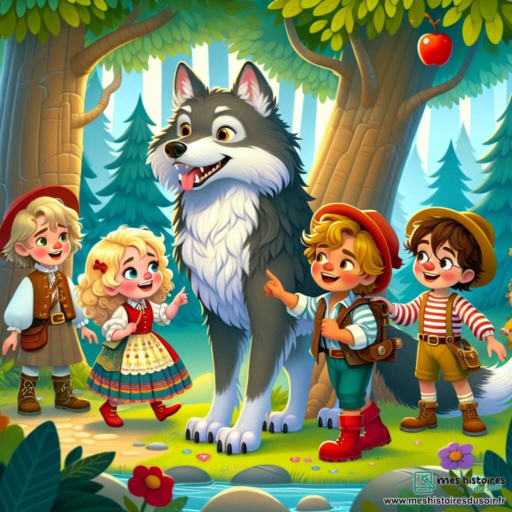 Au centre de l'image, un grand méchant loup gris aux yeux brillants et au sourire amical se tient debout sur ses pattes arrière, entouré de quatre enfants. À sa droite, Lila, 8 ans, aux cheveux bouclés et dorés, porte une robe colorée et regarde le loup avec curiosité. À sa gauche, Timéo, 9 ans, avec un chapeau en paille et un t-shirt à rayures, rit en racontant une blague. Derrière eux, Mia, 7 ans, avec des bottes rouges et une veste d'aventurière, pointe une pomme accrochée à un arbre. Lucas, 8 ans, aux cheveux bruns et aux lunettes rondes, observe le loup avec un sourire. La scène se déroule dans une forêt enchantée avec des arbres majestueux, des fleurs colorées et un ruisseau scintillant, illustrant un moment de complicité entre les enfants et le loup, partageant rires et pommes juteuses dans cette forêt merveilleuse.