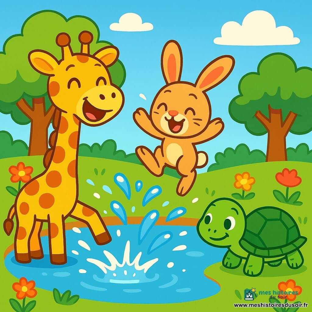 Une girafe joyeuse, avec un long cou tacheté, se tient au bord d'une mare scintillante, riant aux éclats et éclaboussant de l'eau avec ses pattes. À côté, un petit lapin mouillé fait des sauts périlleux dans l'eau avec un sourire espiègle. Un peu plus loin, une tortue souriante avance vers la mare, observant ses amis avec amusement. Le décor est rempli de grands arbres et de fleurs colorées, sous un ciel bleu éclatant. La scène montre la girafe et ses amis s'amusant ensemble, illustrant une journée pleine de joie et d'amitié.