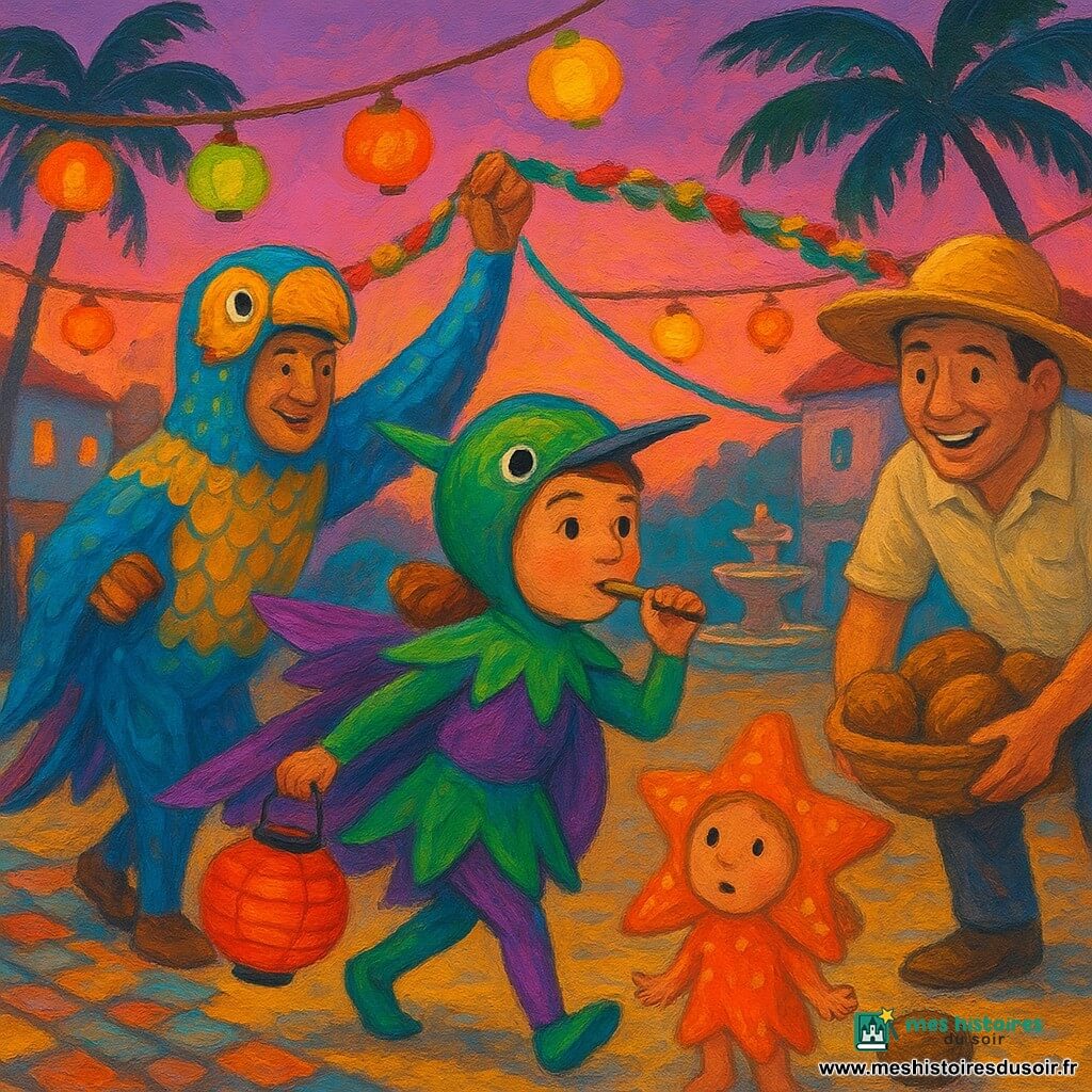 Une fillette de 6 ans, joyeuse et déterminée, en costume de colibri vert et violet avec petite cape, souffle dans un sifflet en bois et tient une lanterne en papier rouge près d’un chemin de carnaval; derrière elle à gauche un homme d’une cinquantaine d’années déguisé en poisson‑perroquet aux écailles bleu et jaune lève une corde décorative pour dégager le passage; une petite fille déguisée en étoile de mer, étonnée mais rassurée, se tient à côté d’elle en regardant une noix de coco posée au sol; un papa dans la trentaine au chapeau énorme ramasse un panier de noix de coco à droite, souriant et penché en avant; la scène se déroule sur une place de village caribéen au crépuscule — sol de sable doré et pavés colorés, palmiers sur un ciel rose‑violet, guirlandes de lanternes et une fontaine décorée en arrière‑plan — montrant le petit cortège vérifiant le chemin du défilé avec lampions brillants, corde relevée, noix de coco arrêtée au bord du passage et costumes flamboyants tourbillonnant, atmosphère chaude et sûre, couleurs saturées et textures de peinture acrylique visibles.