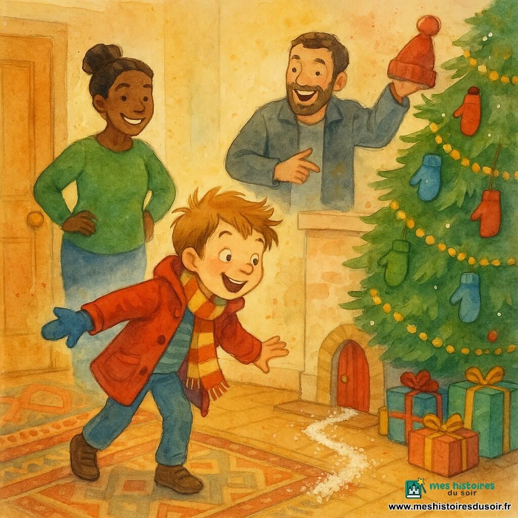 Malo, 6 ans, cheveux châtain clair en bataille, souriant et émerveillé, manteau rouge et écharpe rayée, tient un gant bleu en regardant un grand sapin à droite couvert de gants colorés; sa mère (30–35 ans, chignon, pull vert) se tient à gauche près de la porte d’entrée, mains sur les hanches et sourire indulgent, et son père (30–40 ans, barbe courte, veste gris foncé) rit derrière Malo, bonnet posé en haut du sapin; entrée chaleureuse décorée pour Noël avec sol en bois clair, tapis, petite porte de lutin dans la cheminée, guirlandes dorées, quelques cadeaux et lumière douce d’hiver, ambiance joyeuse et facétieuse suggérant la magie du Lutin Farceur.