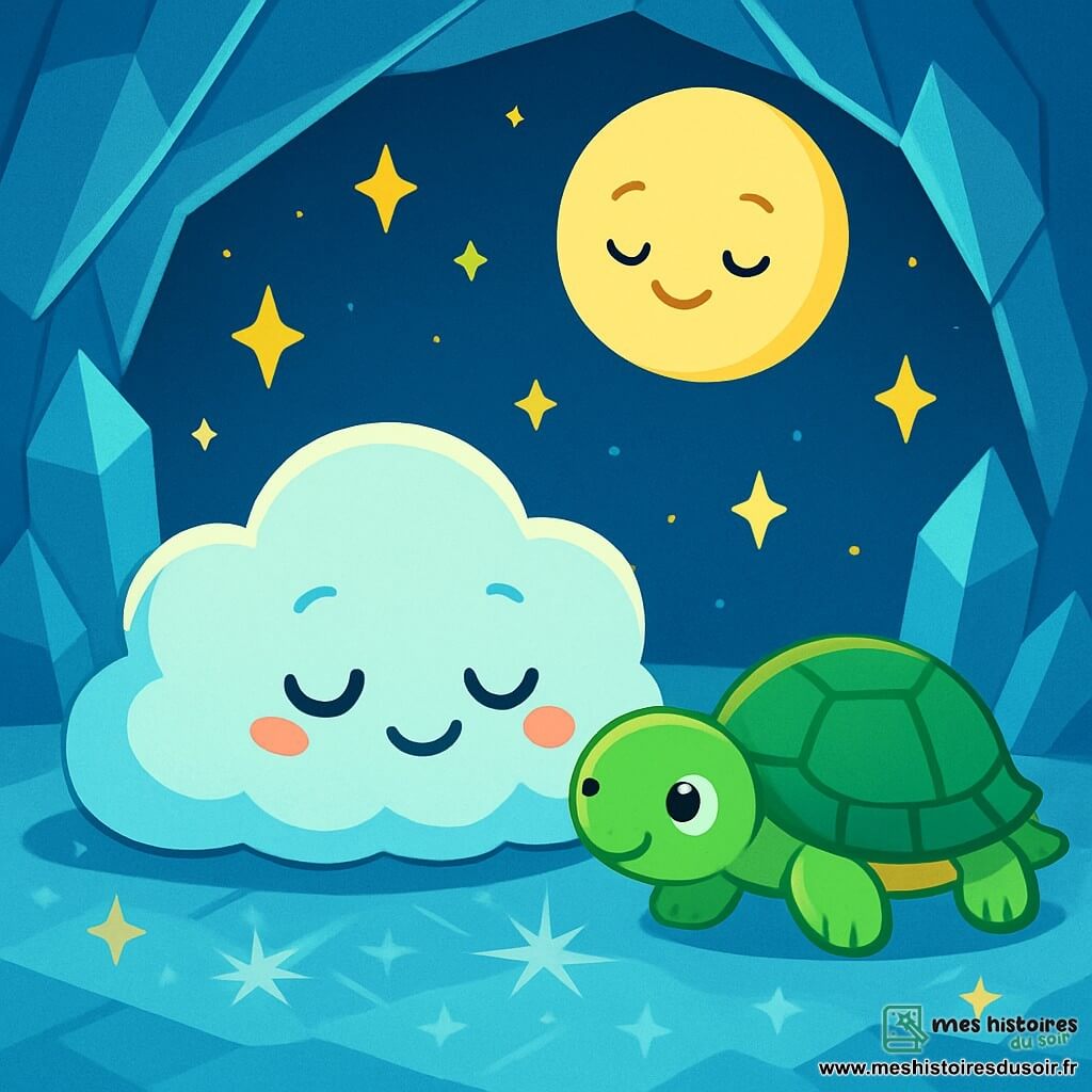 Un coussin en forme de nuage, doux et moelleux, avec un sourire paisible, est allongé sur un sol de cristal étincelant, entouré d'étoiles brillantes. À côté, une tortue à la carapace verte avance lentement, regardant le coussin avec bienveillance. Au-dessus, une lune ronde et lumineuse éclaire la scène d'une douce lumière argentée. La scène se déroule dans une grotte de cristal, où les murs scintillent comme des diamants. Le coussin et la tortue partagent un moment de relaxation, inspirant et expirant ensemble, créant une ambiance de paix.