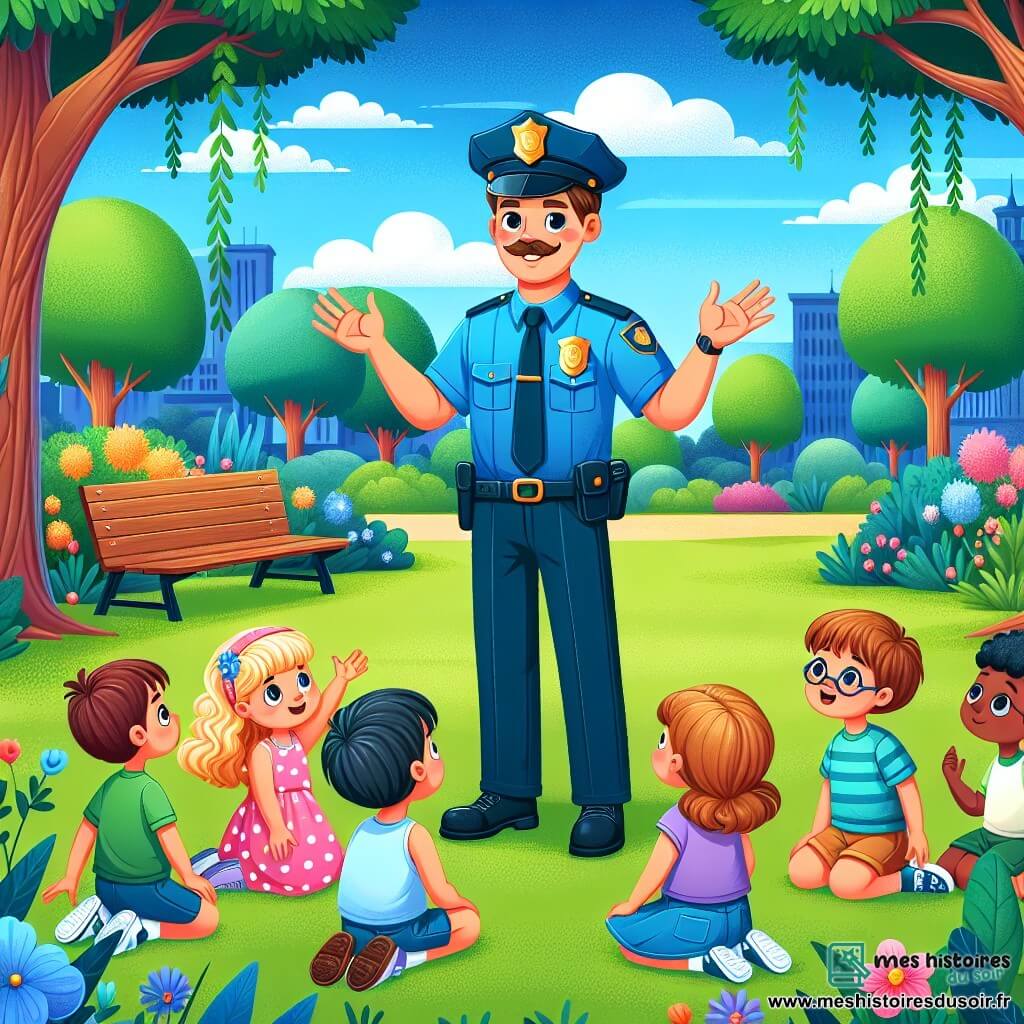 Monsieur Lucas, un policier souriant d'une trentaine d'années avec des cheveux bruns et une moustache, porte un uniforme bleu éclatant et se tient au centre d'un parc, les bras ouverts, expliquant son métier aux enfants. À sa droite, une petite fille de six ans aux cheveux blonds et bouclés, en robe rose à pois, lève la main pour poser une question. À sa gauche, un petit garçon de sept ans avec des lunettes et un t-shirt vert écoute attentivement, les bras croisés. Le parc est verdoyant avec des arbres, des fleurs colorées et un ciel bleu. Monsieur Lucas partage sa passion pour son métier avec des enfants captivés par ses histoires sur la sécurité et l'entraide.