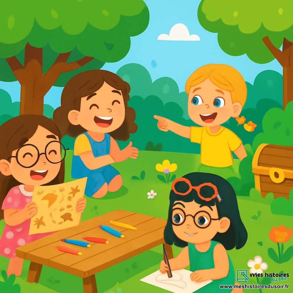 Quatre enfants jouent dans un jardin ensoleillé. Emma, 6 ans, a de longs cheveux bruns et des lunettes rondes, elle porte une robe rose à pois blancs et sourit en tenant une carte au trésor. Léa, aussi 6 ans, a des cheveux blonds en tresses, un t-shirt jaune et un short en jean, elle pointe un coffre au trésor caché derrière un buisson. Zoé, 6 ans, avec des cheveux bouclés châtains et une salopette bleue, est accroupie et rit en se cachant derrière un arbre. Mia, 6 ans, a des cheveux noirs et des lunettes de soleil, elle porte une robe verte et dessine sur une feuille de papier assise dans l’herbe. Elles s’amusent ensemble, découvrent le coffre au trésor et partagent un moment de joie et d’amitié, profitant d’une journée sans écrans.