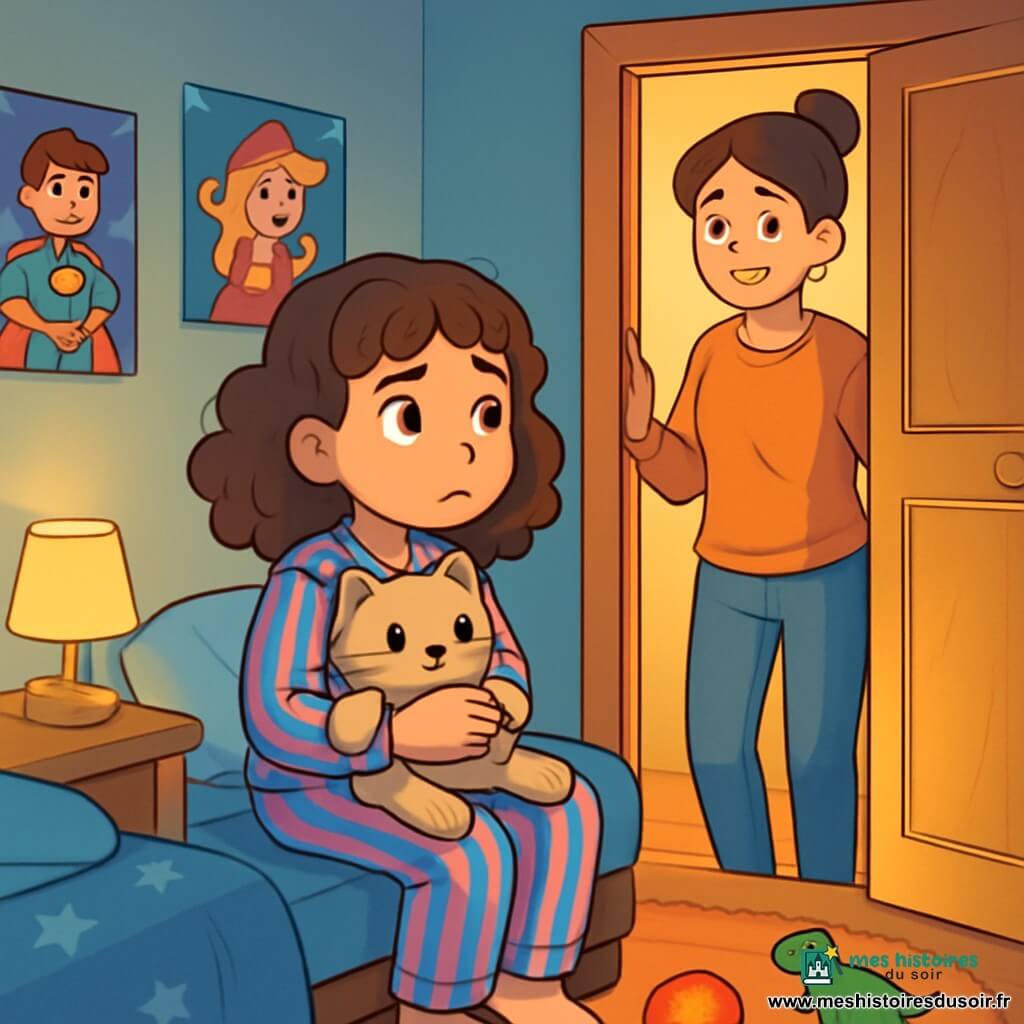 Clara, une fille de 10 ans aux cheveux bruns et bouclés, est assise sur son lit en pyjama rayé bleu et rose, tenant son doudou en forme de chat, Moustache. Elle regarde avec appréhension la porte entrouverte de son placard, d'où émane une lueur dorée. Sa maman, dans le couloir, lui sourit tendrement tout en lui offrant un soutien réconfortant. La chambre de Clara, décorée de posters colorés et d'un tapis moelleux, est éclairée par une douce lumière. Clara, mêlant peur et détermination, s'apprête à ouvrir la porte du placard pour affronter ses peurs.