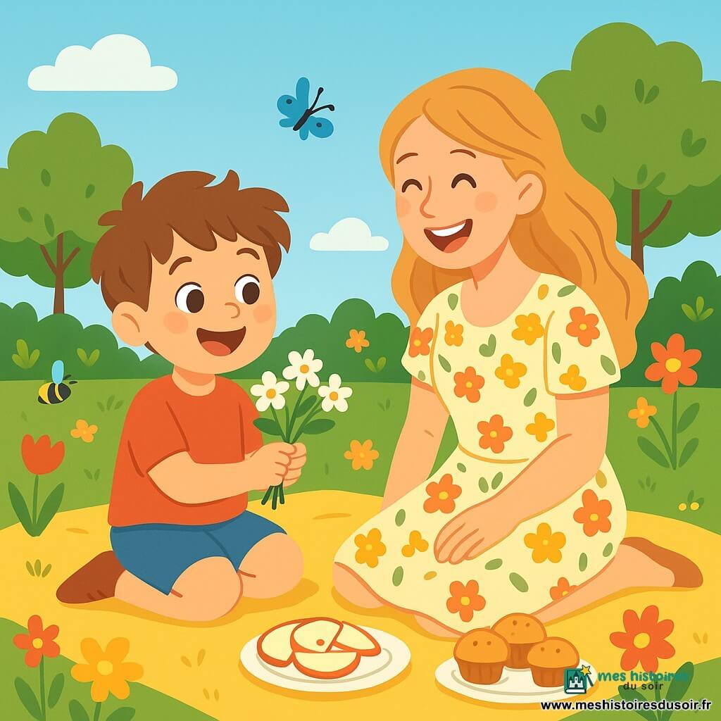 Léo, un garçon de 4 ans aux cheveux bruns en bataille et aux yeux pétillants, est assis sur une grande couverture jaune dans le jardin. Il sourit en tenant un bouquet de petites fleurs blanches et vertes. Sa maman, une femme d’environ 30 ans aux cheveux longs et blonds, rit en le regardant, assise à côté de lui sur la couverture, entourée de rondelles de pommes et de petits gâteaux. Le jardin est ensoleillé, rempli de fleurs colorées et d’arbres verdoyants, avec un ciel bleu éclatant. La scène est joyeuse et chaleureuse, où Léo et sa maman partagent un pique-nique pour la fête des mères, entourés de petits insectes curieux et du parfum des fleurs.