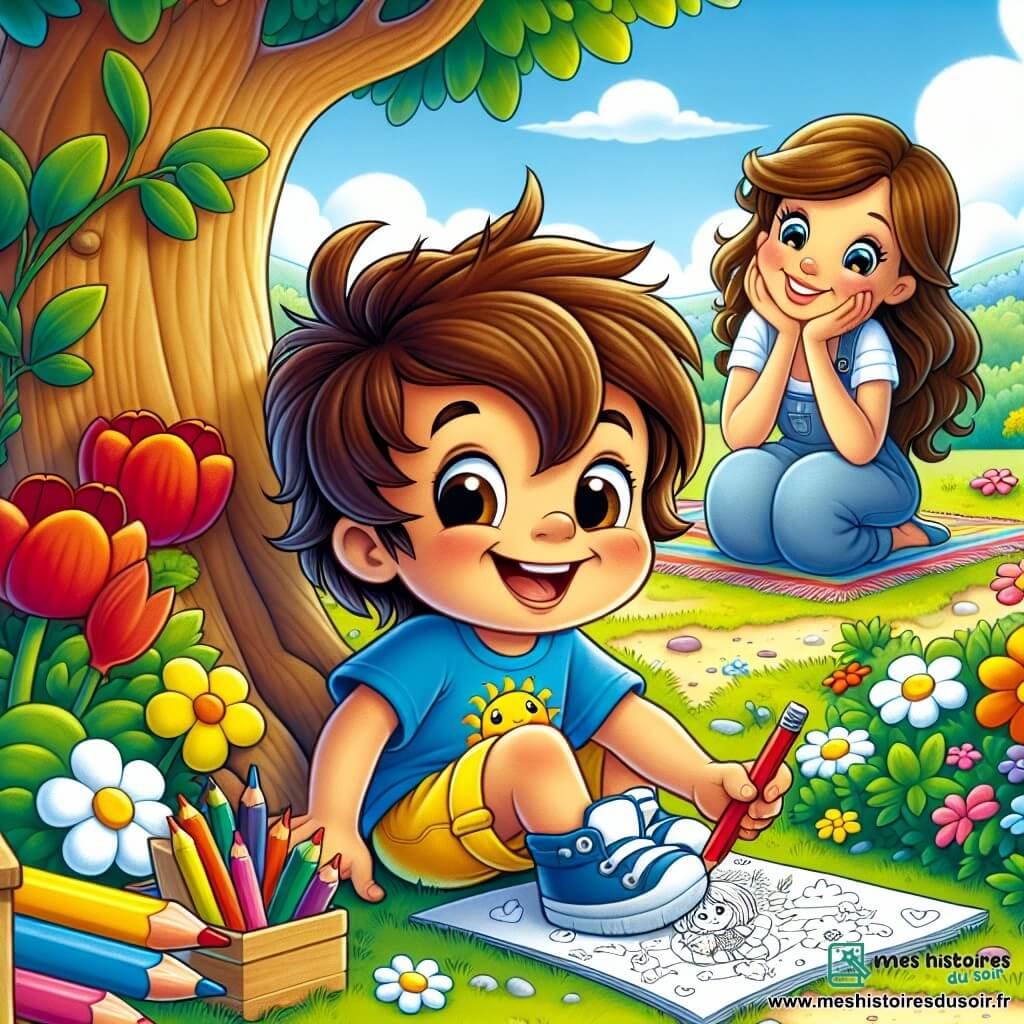 Léo, un petit garçon de 6 ans avec des cheveux bruns en bataille et un grand sourire, cherche des trésors dans un jardin coloré. Il porte un t-shirt bleu et un short jaune, accroupi près d'un grand arbre, les yeux pétillants d'excitation. Sa maman, une femme d'environ 30 ans avec des cheveux longs et châtains, est assise sur une couverture à proximité, tenant des crayons de couleur et souriant tendrement à Léo tout en dessinant un arbre avec des oiseaux. Le jardin est rempli de fleurs éclatantes et le ciel est bleu avec quelques nuages. Léo découvre une petite boîte cachée derrière le tronc de l'arbre, son visage rayonnant de joie.