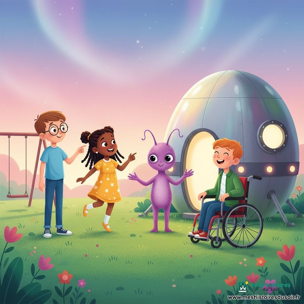 Trois enfants rencontrent l'extraterrestre Zog dans un petit parc en fin d'après-midi : Léo, ~9 ans, cheveux châtain courts, lunettes rondes, t-shirt bleu clair et jean, debout à gauche, émerveillé et pointant le vaisseau ; Mia, ~8 ans, cheveux noirs en nattes, robe jaune à petites étoiles, au centre, sautillante et souriante ; Sam, ~9 ans, cheveux roux, veste verte, assis en fauteuil roulant moderne rouge à droite, riant et regardant l'alien. Un grand vaisseau argenté aux reflets arc‑en‑ciel est posé sur l'herbe à droite, porte ouverte laissant échapper une douce lueur. Zog, créature mauve brillante aux grands yeux ronds et antennes ondulantes, se tient à la sortie, bras ouverts de manière amicale ; l'atmosphère est chaleureuse et curieuse, avec herbe, fleurs colorées, balançoire en arrière‑plan et ciel rose‑bleu formant un cercle d'amitié centré sur la rencontre.