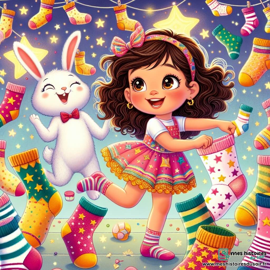 Lila, une petite fille de 3 ans aux grands yeux pétillants et aux cheveux bouclés châtains, porte une robe colorée et une chaussette rose à étoiles dorées. Elle danse joyeusement au milieu de chaussettes étoilées, accompagnée de Monsieur Lapin, un adorable lapin blanc avec un nœud papillon rouge, qui saute en rythme et l'encourage. Le marché féerique autour d'eux est rempli de chaussettes de toutes les couleurs, flottant comme des ballons, avec des étals décorés de fleurs et de guirlandes scintillantes. Lila et Monsieur Lapin s'amusent ensemble, célébrant la retrouvailles de la chaussette rose de Lila dans une ambiance magique et festive.