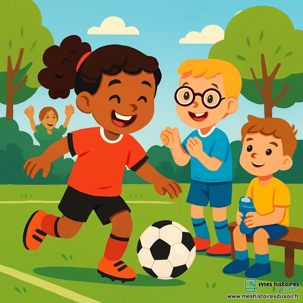 Une jeune fille joyeuse d'environ 10 ans, avec des cheveux bouclés et un grand sourire, porte un maillot de football rouge et des shorts noirs. Elle dribble un ballon de football sur le terrain, ses yeux pétillants de bonheur. À côté d'elle, un garçon de 9 ans, avec des lunettes et des cheveux blonds, applaudit en souriant, vêtu d'un maillot bleu. Un autre garçon, âgé de 8 ans, est assis sur le banc avec une bouteille d'eau, admiratif. Le terrain est verdoyant, entouré d'arbres et d'un ciel bleu clair avec des nuages. Au fond, des parents applaudissent, créant une ambiance chaleureuse. La scène principale montre la fille passant le ballon à son ami, tous deux riant et s'amusant, illustrant l'esprit d'équipe et la joie de jouer au football.