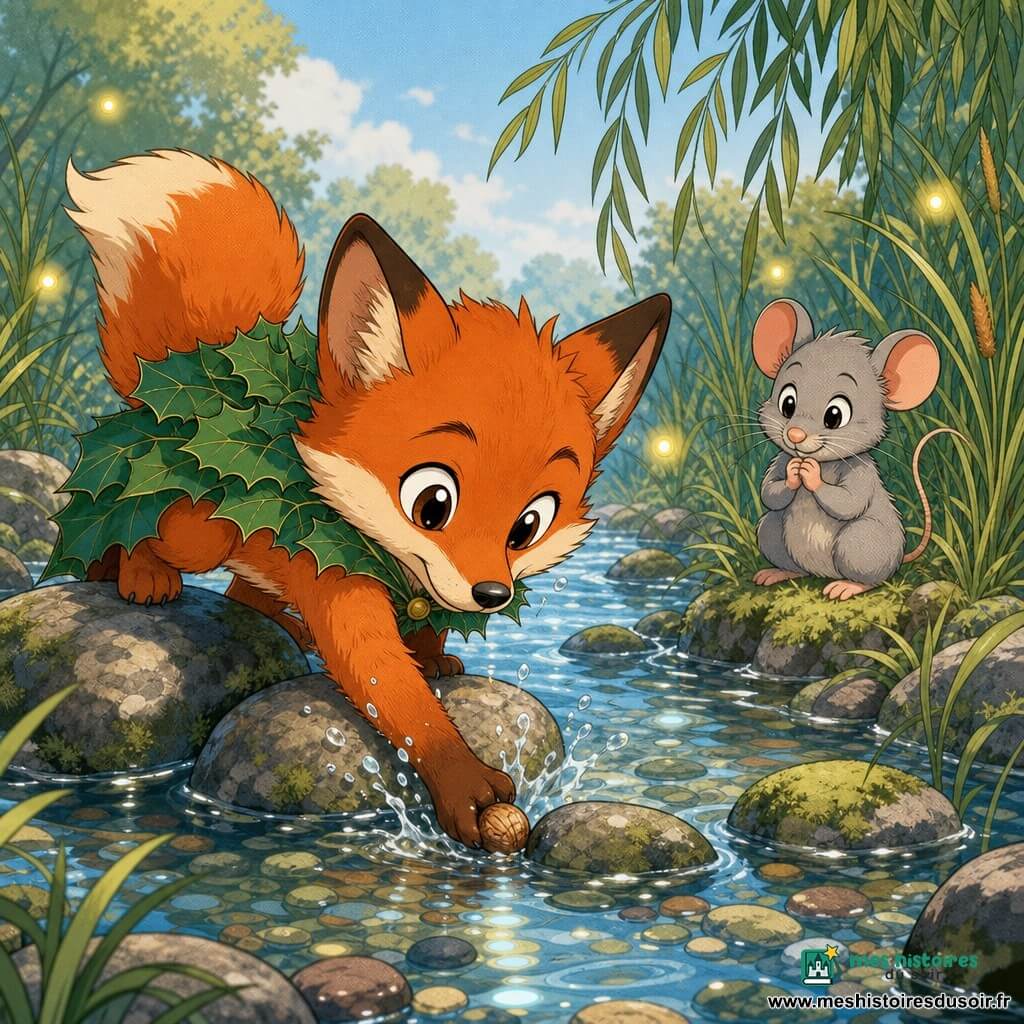 Un petit renard roux au ventre crème et à la queue touffue, portant une cape verte en feuilles, s’accroupit sur des pierres glissantes pour saisir une noisette au centre d’une rivière aux reflets argentés tandis que des gouttes éclaboussent autour de sa truffe; Mimi la petite souris grise, les yeux joyeux, l’observe depuis la berge en serrant les mains contre sa poitrine; quelques lucioles ajoutent une touche magique au-dessus des roseaux; scène tendre et héroïque aux couleurs pastel et traits ronds d’une bande dessinée pour enfants.