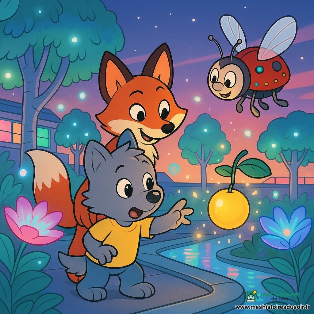 Léo, un petit loup au pelage gris doux et aux yeux ronds et émerveillés, tend la patte pour toucher un fruit doré qui brille comme une lampe ; derrière lui, Luna la renarde au pelage roux vif et à la queue blanche, au sourire malicieux et protecteur, le retient doucement, tandis que Clic-Clic, une coccinelle mécanique à coque rouge brillante avec LED et antennes métalliques, vole près du fruit en agitant une aile mécanique ; ils se trouvent dans un jardin sur un toit futuriste aux allées de métal poli, plantations luxuriantes, fleurs lumineuses et arbres au tronc argenté, sous un ciel crépusculaire pastel, et au moment magique où Léo touche le fruit une douce lueur, des étincelles et des bulles de lumière apparaissent autour d’eux, créant une atmosphère joyeuse et pleine d’émerveillement.