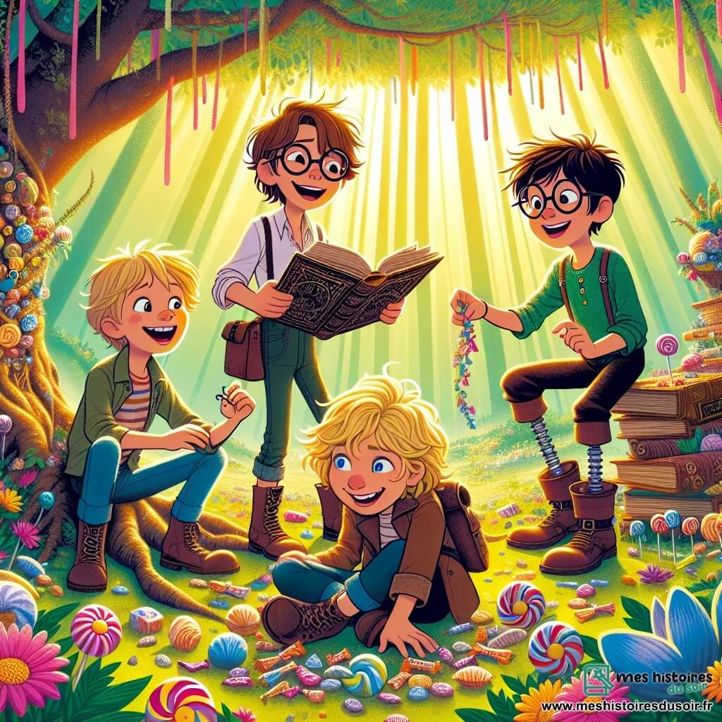 Dans une clairière enchantée de la forêt de Froufrou, quatre jeunes aventuriers se préparent pour une grande aventure. Maxime, 10 ans, sourit en tenant un vieux grimoire. Théo, 9 ans avec une jambe de bois, rit en mimant une grenouille. Lucas, 8 ans, curieux avec ses cheveux blonds en bataille, tient des bonbons colorés. Samuel, 11 ans, sérieux avec des lunettes rondes, feuillette un livre de sorts. La clairière est éclairée par des rayons de soleil, avec des fleurs multicolores et un arbre géant chargé de friandises au centre. Ils se préparent à relever un défi amusant lancé par un dragon farceur pour un concours de blagues.