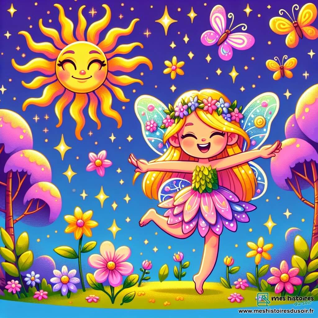 Au centre de l'image, Lila, une petite fée aux ailes scintillantes, vole joyeusement. Elle a de longs cheveux dorés, une robe en pétales de fleurs roses et un grand sourire. Elle est entourée de lumière dorée, symbolisant l'espoir. À côté d'elle, le soleil, avec un visage souriant et des rayons dorés, brille dans le ciel bleu, apportant chaleur et lumière. La forêt magique est luxuriante, avec des arbres colorés et des fleurs éclatantes. Des papillons dansent autour, ajoutant de la magie. Lila célèbre l'ouverture de sa fleur, épanouie grâce à la lumière du soleil, tandis que des étincelles de magie flottent autour, créant une atmosphère enchantée.