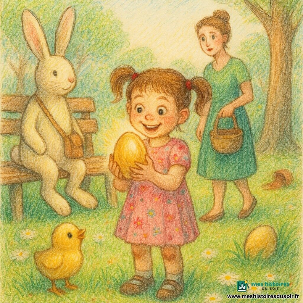Fille de 6 ans émerveillée tenant un gros œuf brillant, cheveux châtain en couettes, robe rose à fleurs, mère d'environ 35 ans derrière elle, chignon, robe verte et panier en osier, petit poussin en chocolat «Choco» près des pieds, grand lapin de Pâques stylisé crème assis sur un banc à gauche avec sac de chocolats, jardin printanier (pelouse avec pâquerettes, grand arbre aux racines visibles, pot de fleurs renversé, banc en bois), ciel clair matinal et lumière dorée; la fillette vient de trouver un œuf magique plus grand que les autres qui scintille, ambiance joyeuse et magique, couleurs chaudes, textures de crayon, traits doux et contours légèrement flous pour un rendu enfantin.
