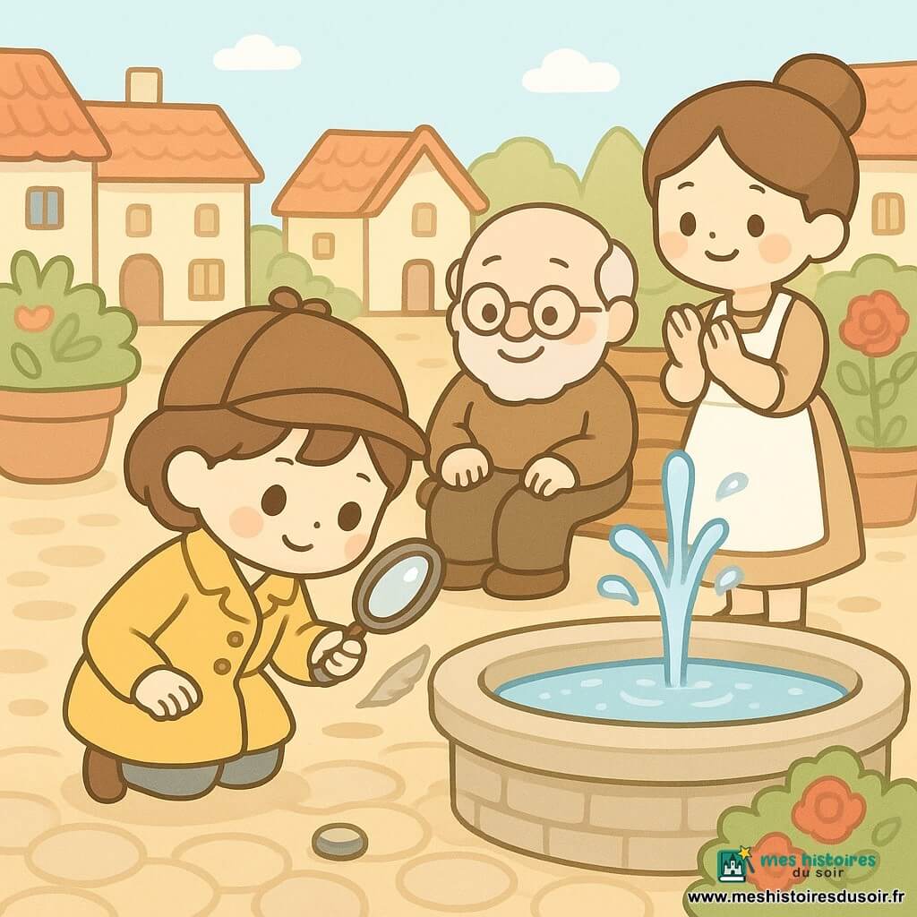 Zoé, détective souriante et concentrée aux cheveux châtain courts et manteau jaune clair, loupe à la main, penchée sur la fontaine en pierre claire pour retirer délicatement un petit bouchon métallique tandis que l'eau recommence à jaillir en éclaboussures scintillantes ; Monsieur Dupont, vieil homme à la barbe blanche et lunettes rondes, assis près d'un parterre de roses, la regarde émerveillé ; Mathilde, boulangère d'une quarantaine d'années au tablier farineux, applaudit doucement à droite de la fontaine ; Martin, garçon d'environ huit ans aux cheveux bruns ébouriffés, accroupi à gauche, pointe le bouchon ; place pavée de pierres rondes, pots de plantes colorés, maisons à toits rouges, palette pastel, contours simples et ambiance chaleureuse et joyeuse.