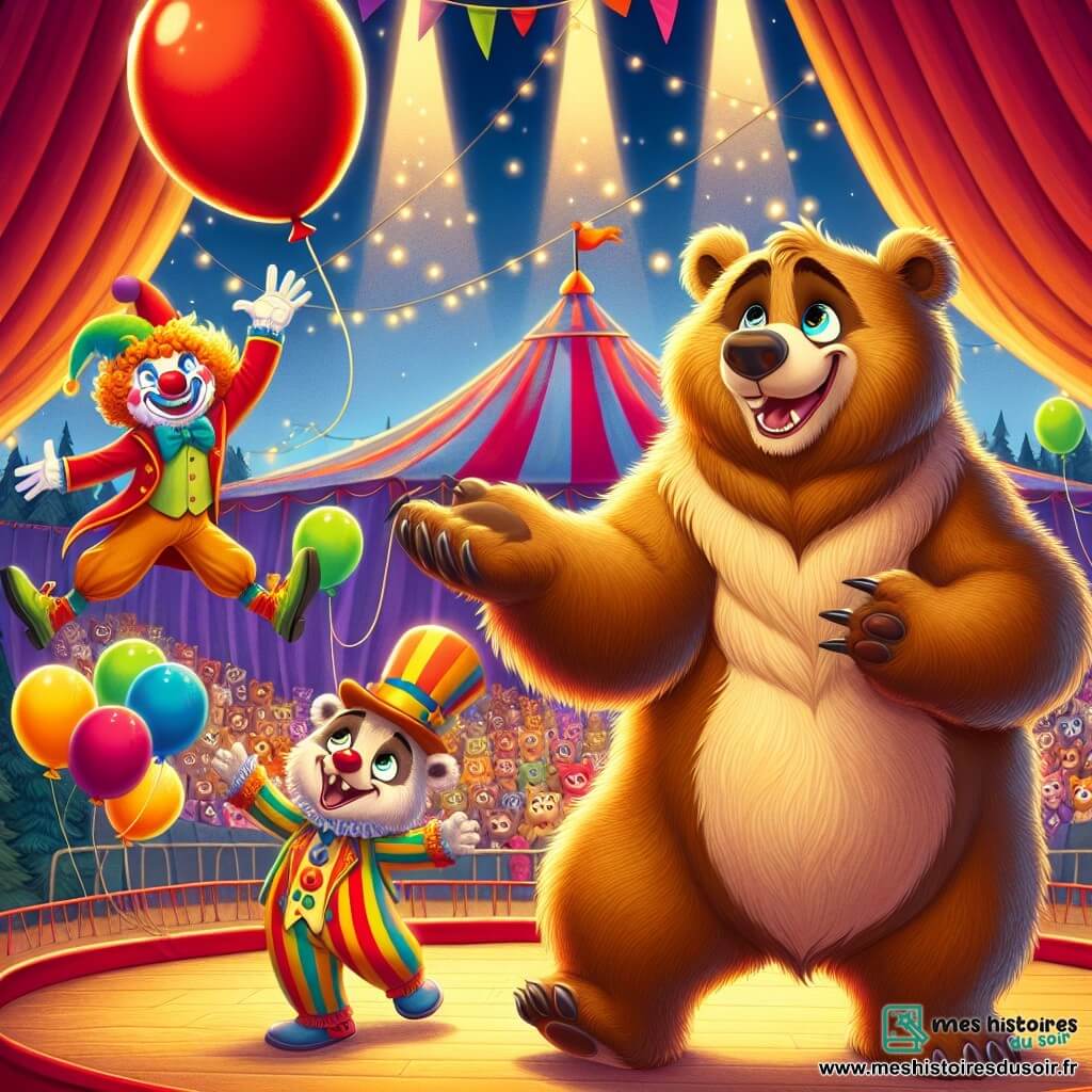 Un ours nommé Barnabé, avec un pelage brun doré et des yeux pétillants, jongle avec des ballons colorés au centre du cirque. Il sourit largement, tandis qu'un ballon rouge s'envole. À sa droite, un clown nommé Pipo, avec un nez rouge et des cheveux en désordre, rit et tente d'attraper le ballon. En arrière-plan, le chapiteau est décoré de lumières et de banderoles, et le public, composé d'animaux de la forêt, applaudit avec émerveillement. La scène capture l'esprit joyeux et magique du cirque.