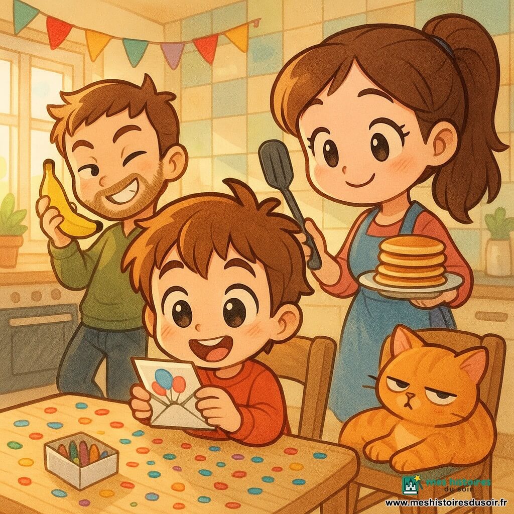 Garçon de 8 ans joyeux ouvrant une petite enveloppe décorée de ballons à la table; maman d'environ 30 ans souriante tenant une spatule et une assiette de crêpes, debout près du plan de travail; papa d'environ 30 ans malicieux, barbe légère, tenant une banane comme faux téléphone près du four; chat roux nommé Piston allongé sur une chaise, paresseux mais curieux, œil mi-clos; cuisine cosy et lumineuse avec carrelage pastel, table en bois clair couverte de confettis, guirlandes et boîte de bougies ouverte, lumière douce du matin — matin d'anniversaire, la famille prépare la fête tandis que le garçon découvre une carte-mission, ambiance chaleureuse, poses dynamiques, expressions exagérées, couleurs vives, textures douces, contours épais et silhouette chibi.