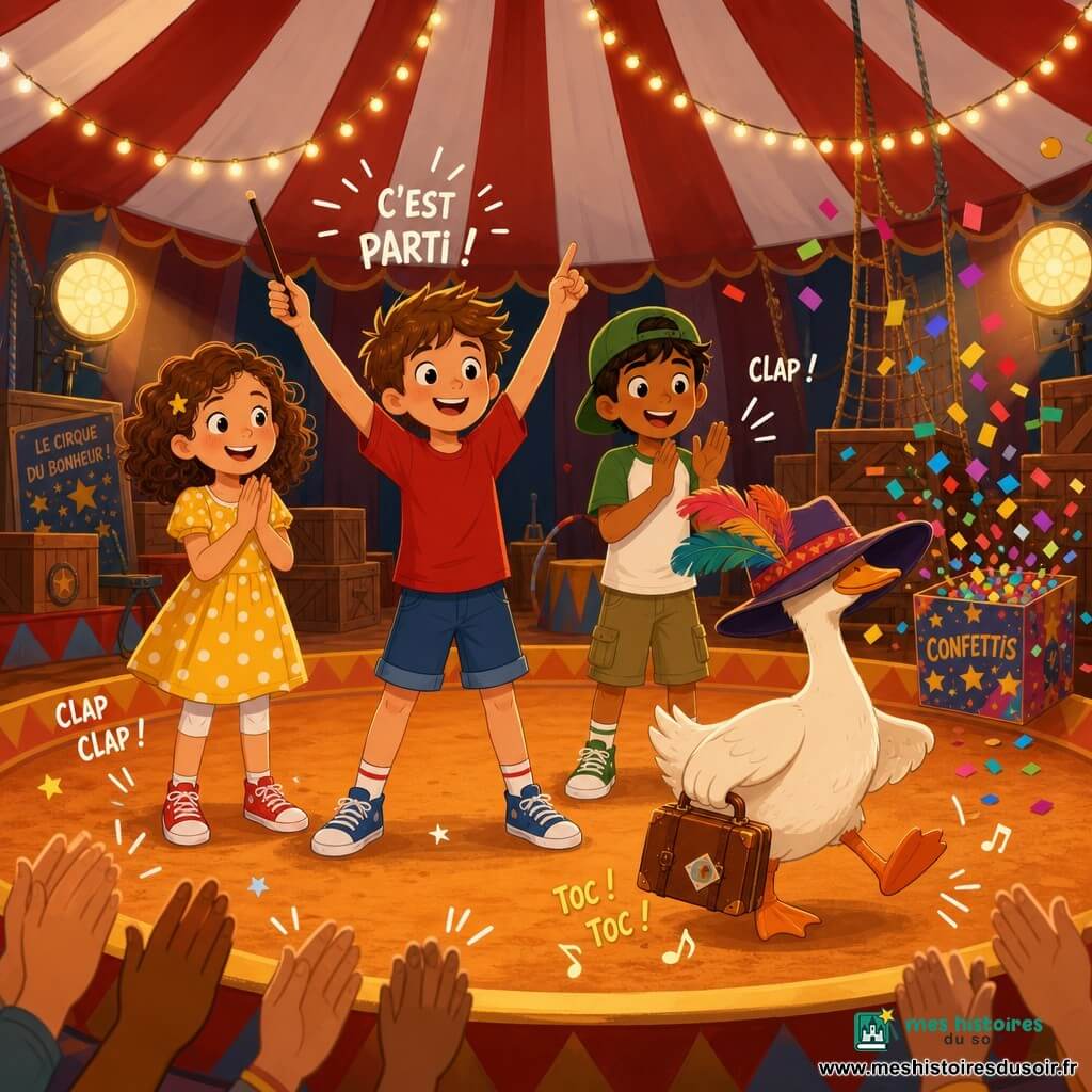 Quatre personnages : Malo, garçon de 9 ans, cheveux bruns en bataille, t-shirt rouge et short bleu, au centre-front, bras levés comme chef d'orchestre donnant le signal « un, deux, trois… go » ; Inès, fille de 9 ans, cheveux bouclés châtain, robe jaune à pois blancs, à sa gauche, mains jointes, dirigeant les pas ; Samir, garçon de 9 ans à la peau hâlée, casquette verte et baskets, à la droite de Malo, applaudissant, expression joyeuse ; une oie artiste au plumage crème, grand chapeau à plumes tombé sur le bec et petite valise marron à la patte, marchant en rythme devant les enfants, légèrement en avant à droite. Sous un grand chapiteau de cirque rouge et blanc, piste ovale en terre orange doré, projecteurs et guirlandes lumineuses, en arrière-plan caisses en bois, filets de trapèze et confettis éclatés tombant, la scène montre une fanfare de pas joyeuse avec onomatopées visuelles (clap, toc) et le public hors-champ applaudissant vivement.