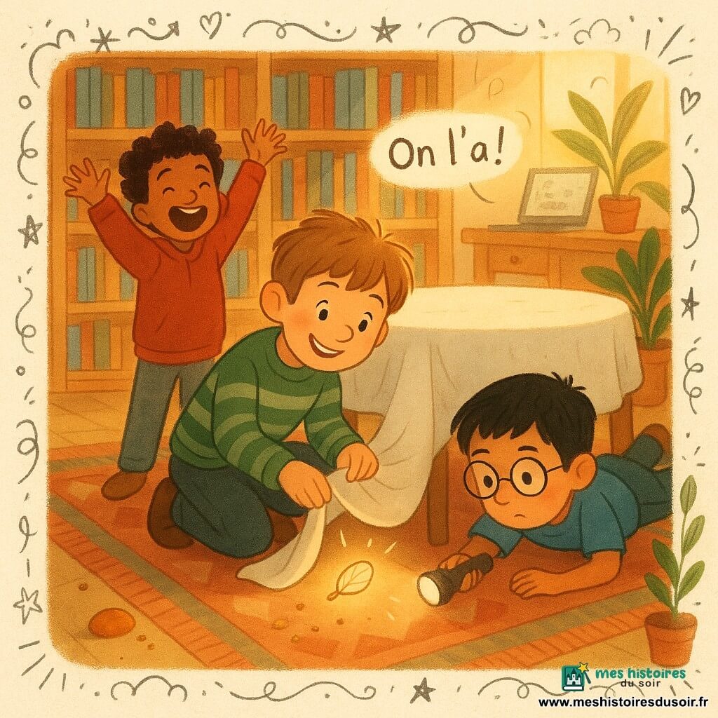 Trois garçons de 7 ans — Léo (cheveux châtain clair en bataille, grand sourire, pull vert à rayures, accroupi, soulève la nappe pour révéler une broche dorée en forme de feuille), Hugo (cheveux noirs courts, lunettes rondes, t-shirt bleu, allongé sur le ventre à droite avec une petite lampe de poche, regard concentré sous la table) et Sami (peau mate, cheveux frisés, sweat rouge, debout derrière Léo, mains levées de joie) — dans une bibliothèque chaleureuse aux grandes étagères en bois blond et lumière d'après-midi, autour d'une grande table ronde blanche à nappe froissée; la broche brille légèrement sous la nappe, miettes de madeleine au sol, ordinateur flou en arrière-plan, ambiance joyeuse et curieuse, couleurs chaudes, textures papier et petits dessins d'indices (loupe, empreinte, étoiles).