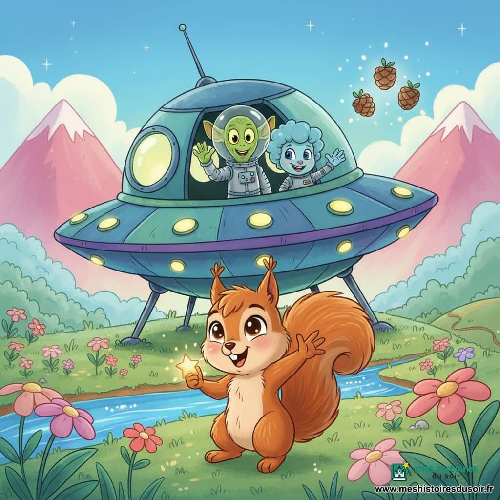 Léo, un petit écureuil roux aux grands yeux, tient une étoile lumineuse en disant au revoir tandis que Zog, un extraterrestre vert en combinaison argentée, et Pipo, un petit Galaxouf bleu malicieux, saluent depuis la soucoupe brillante posée dans une clairière fleurie ; ambiance chaleureuse, magique et colorée, composition centrée sur Léo devant le vaisseau.