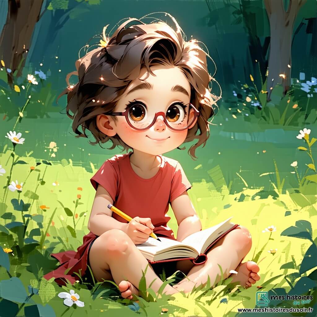 Lucie, une fille de 12 ans aux cheveux bruns et bouclés, est assise dans l'herbe d'un jardin, un carnet sur les genoux, l'air mélancolique mais déterminée, prête à écrire. À côté d'elle, son ami Mathis, 12 ans, aux cheveux blonds et lunettes rondes, l'encourage. Clara, une fille de 11 ans aux cheveux châtains et tressés, observe Lucie près d'un arbre. Le jardin est fleuri avec des roses, des marguerites et des tournesols. En arrière-plan, une vieille maison en pierre avec des volets bleus évoque la chaleur familiale. Lucie se souvient de sa grand-mère en écrivant des souvenirs, entourée de ses amis qui la soutiennent.