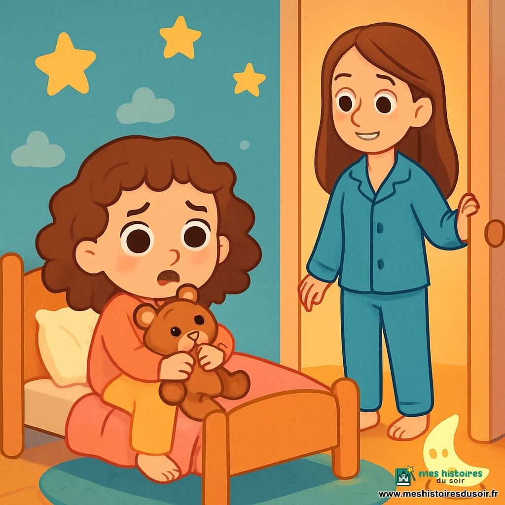 Lila, une petite fille de 4 ans aux grands yeux brillants et aux cheveux bouclés, est assise sur son lit avec une expression de peur. Elle serre son doudou, un ours brun, tandis que sa maman, une femme d'une trentaine d'années aux cheveux châtains, se tient près de la porte avec un sourire rassurant. La chambre aux murs pastel est décorée d'étoiles et de nuages, avec un tapis moelleux et une veilleuse en forme de lune. Lila, un peu effrayée par l'obscurité, est réconfortée par sa maman avant qu'elle ne quitte la chambre.
