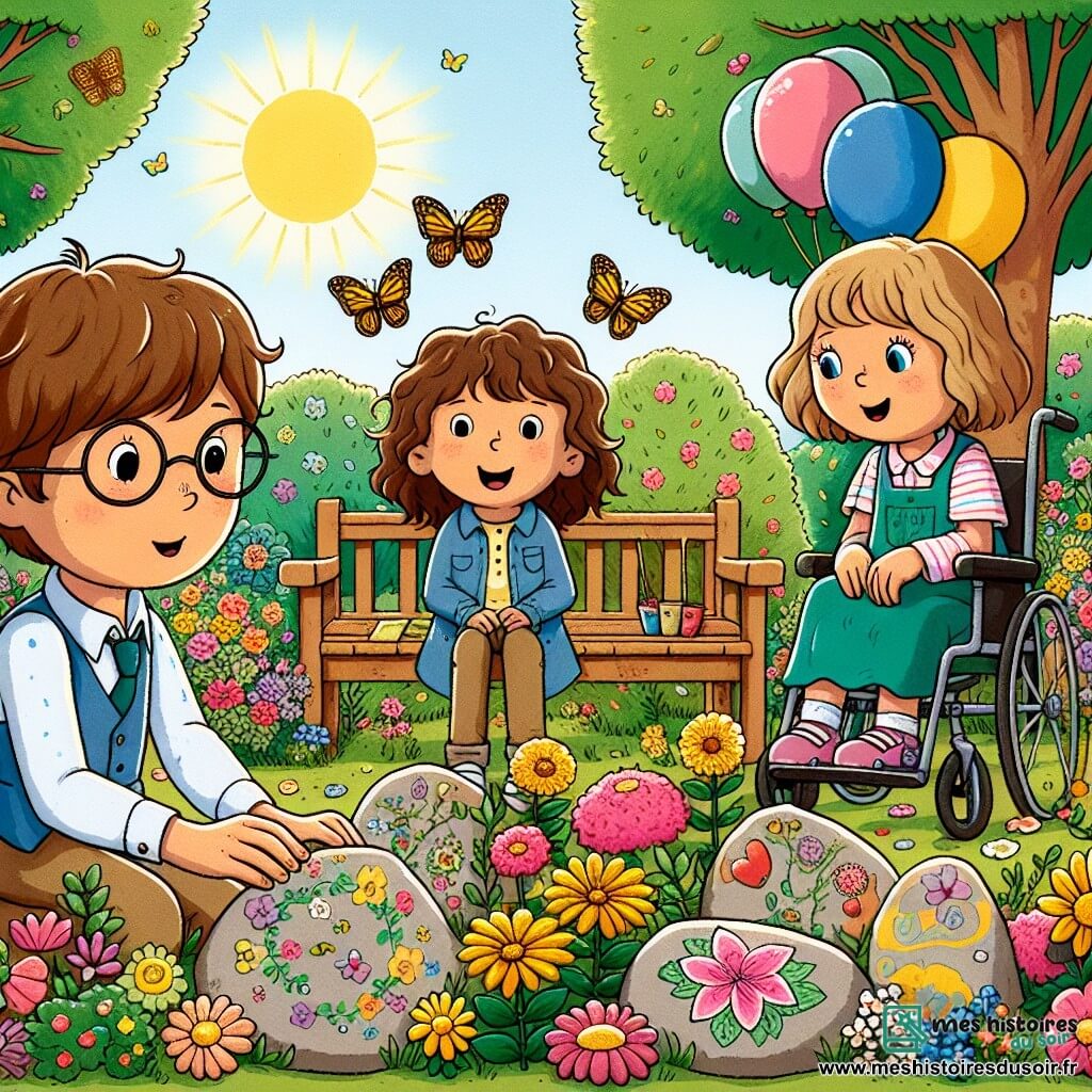 Dans un jardin ensoleillé, Arthur, un garçon de 10 ans aux cheveux châtain clair et aux lunettes trop grandes, regarde tendrement un parterre de fleurs colorées. À sa droite, Emilie, 9 ans, avec des cheveux bouclés et des yeux pétillants, sourit en tenant une pierre peinte d'une fleur. À gauche, Tom, 11 ans, aux yeux brillants et aux cheveux bruns en bataille, est accroupi pour ajouter une pierre au jardin. Maya, 10 ans, pleine d’énergie, est dans son fauteuil roulant, entourée de ballons colorés, riant des histoires d’Arthur. Le jardin, magique et coloré, est rempli de fleurs et d'arbres majestueux. La scène montre Arthur et ses amis célébrant Mamie Lili en plantant des fleurs et partageant des souvenirs, illustrant l'amour et l'amitié face à la perte.