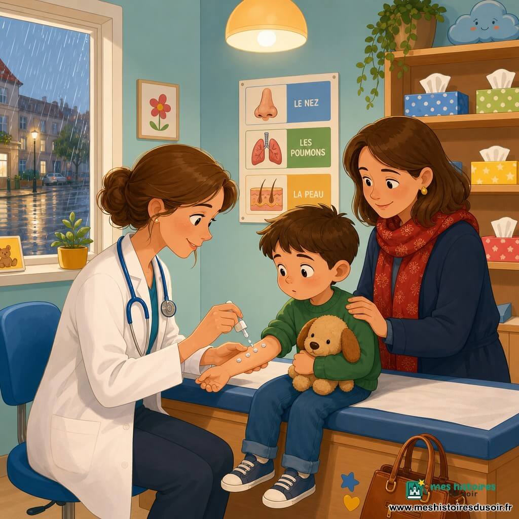 Femme médecin nommée Lila, environ trente-cinq ans, blouse blanche et stéthoscope bleu, visage doux et rassurant, penchée pour poser de petites gouttes sur l’avant-bras d’un garçon d’environ six ans portant un pull vert et tenant une peluche, expression un peu inquiète mais curieuse ; la mère, environ 35–40 ans, foulard rouge, main sur l’épaule du garçon, regard bienveillant ; cabinet chaleureux aux murs pastel, étagère en bois, dessin pédagogique simple montrant nez, poumons et peau, petite lampe ronde, fenêtre sous une pluie fine ; ambiance calme et rassurante, petits points visibles du test cutané, palette vive et contrastée, traits nets et formes simples adaptés à un livre jeunesse.