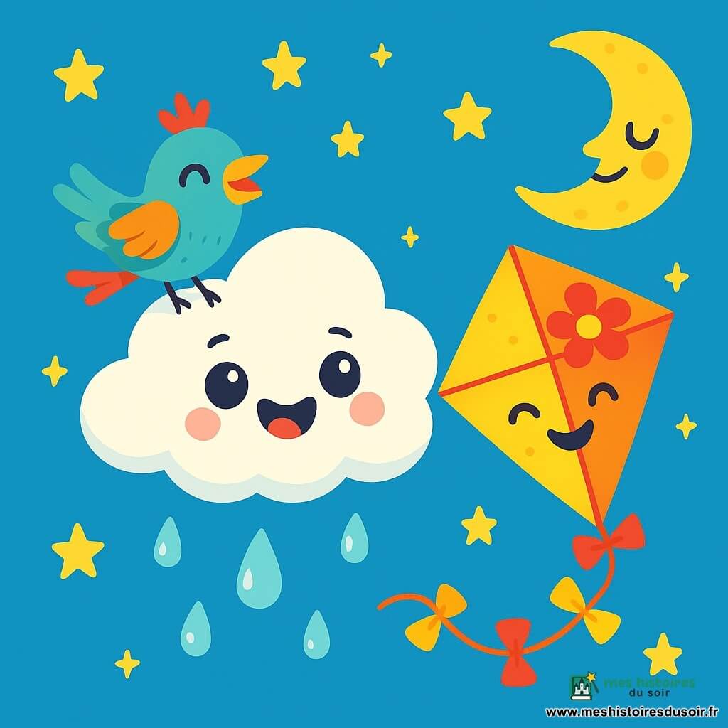 Un petit nuage blanc, nommé Pipin, flotte dans un ciel bleu, avec des yeux pétillants et un large sourire, laissant échapper des gouttes de pluie en forme de perles. À proximité, un cerf-volant coloré danse dans le vent, tandis qu'un oiseau aux plumes chatoyantes se perche sur Pipin, prêt à chanter. Le ciel est parsemé d'étoiles brillantes et la Lune veille avec un sourire bienveillant. Dans cette scène magique, Pipin et ses amis s'amusent à jouer, créant des gouttes de pluie comme des confettis, tandis que le cerf-volant et l'oiseau apportent une atmosphère de joie.