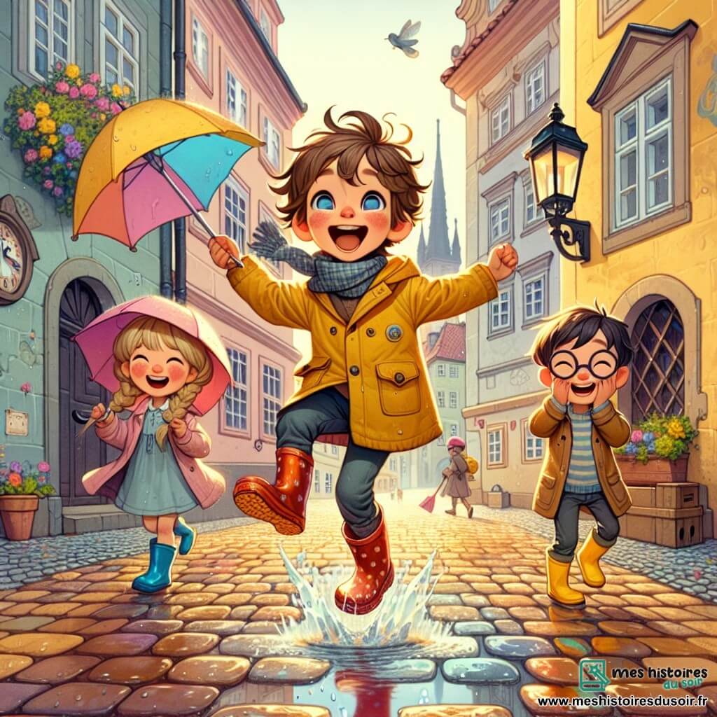 Un petit garçon de 4 ans, Lucas, avec des cheveux bruns en bataille et des yeux curieux, saute dans une flaque d'eau, éclaboussant autour de lui. Il porte un imperméable jaune et des bottes rouges, souriant joyeusement malgré la pluie. À ses côtés, Mia, une petite fille aux cheveux blonds tressés, tient un parapluie rose et rit en le regardant. Un peu plus loin, Tom, un garçon avec des cheveux châtains et des lunettes, observe une horloge magique avec émerveillement. La scène se déroule dans une ruelle pavée de Prague, sous un ciel nuageux, où la pluie crée des reflets sur les pavés et des fleurs colorées poussent le long des murs. Lucas et ses amis s'amusent à explorer la ville, transformant une journée pluvieuse en aventure magique.
