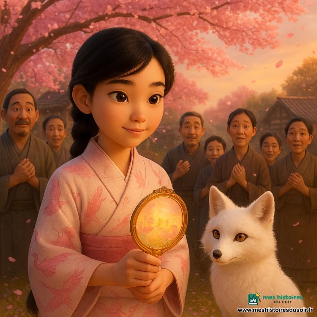 Yuki, une adolescente d'environ 14 ans au visage doux et curieux, cheveux noirs en natte et kimono pâle à motifs de grues roses, tient un petit miroir ancien qui diffuse une lueur chaude et projette au-dessus d'elle des images translucides de rires et de champs en fleurs; un renard blanc au pelage soyeux et aux yeux ambrés est assis à sa droite, queue enroulée, tandis que plusieurs villageois adultes, surpris mais apaisés, forment un demi-cercle derrière elle; en arrière-plan, un cerisier en fleurs laisse tomber des pétales roses sur des maisons en bois traditionnelles, le tout baigné d'un crépuscule doré aux couleurs saturées et à l'éclairage cinématographique, atmosphère d'espoir et de calme.